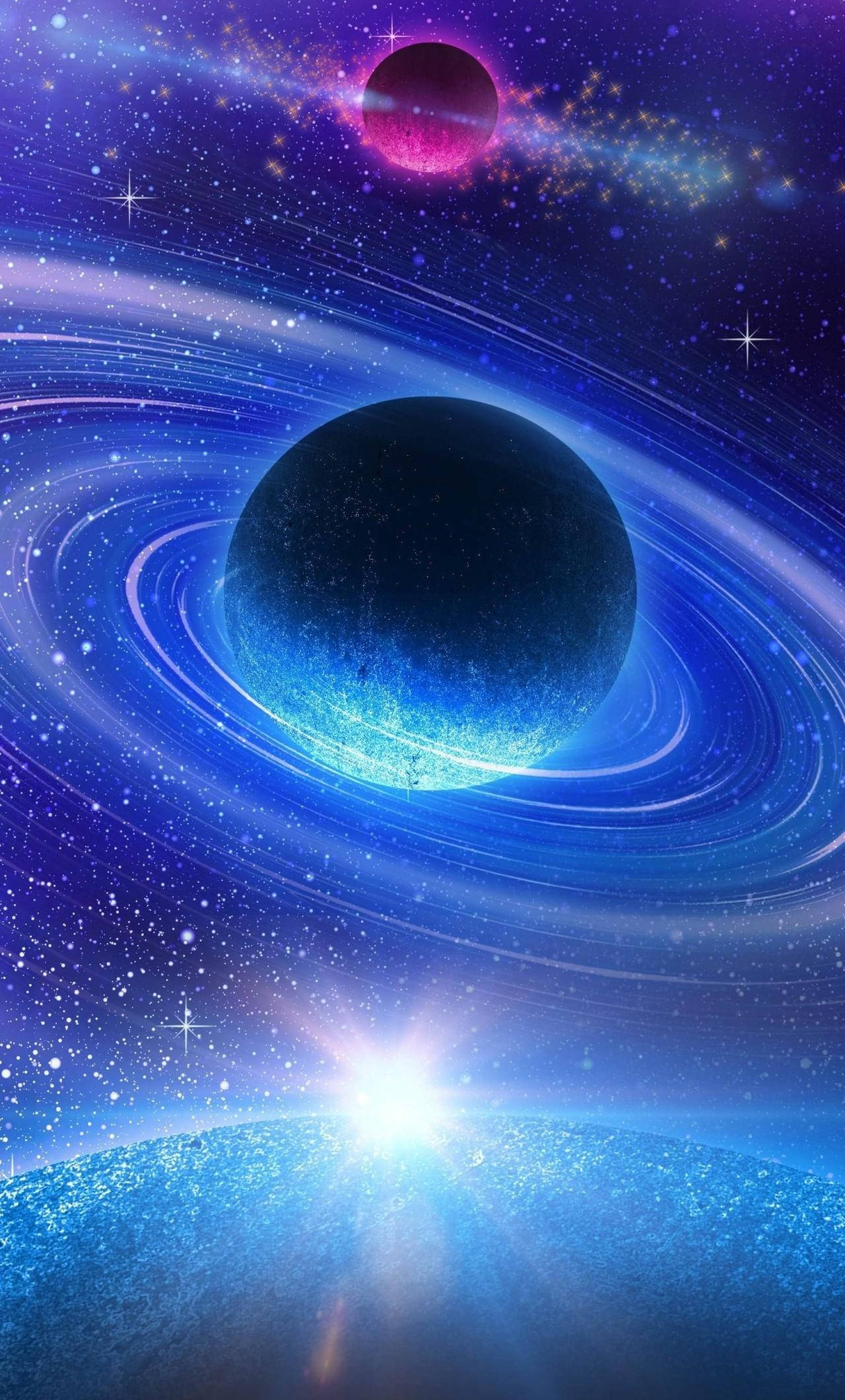 4K Phone, glowing blue planet, swirling rings, Full HD Phone Wallpaper