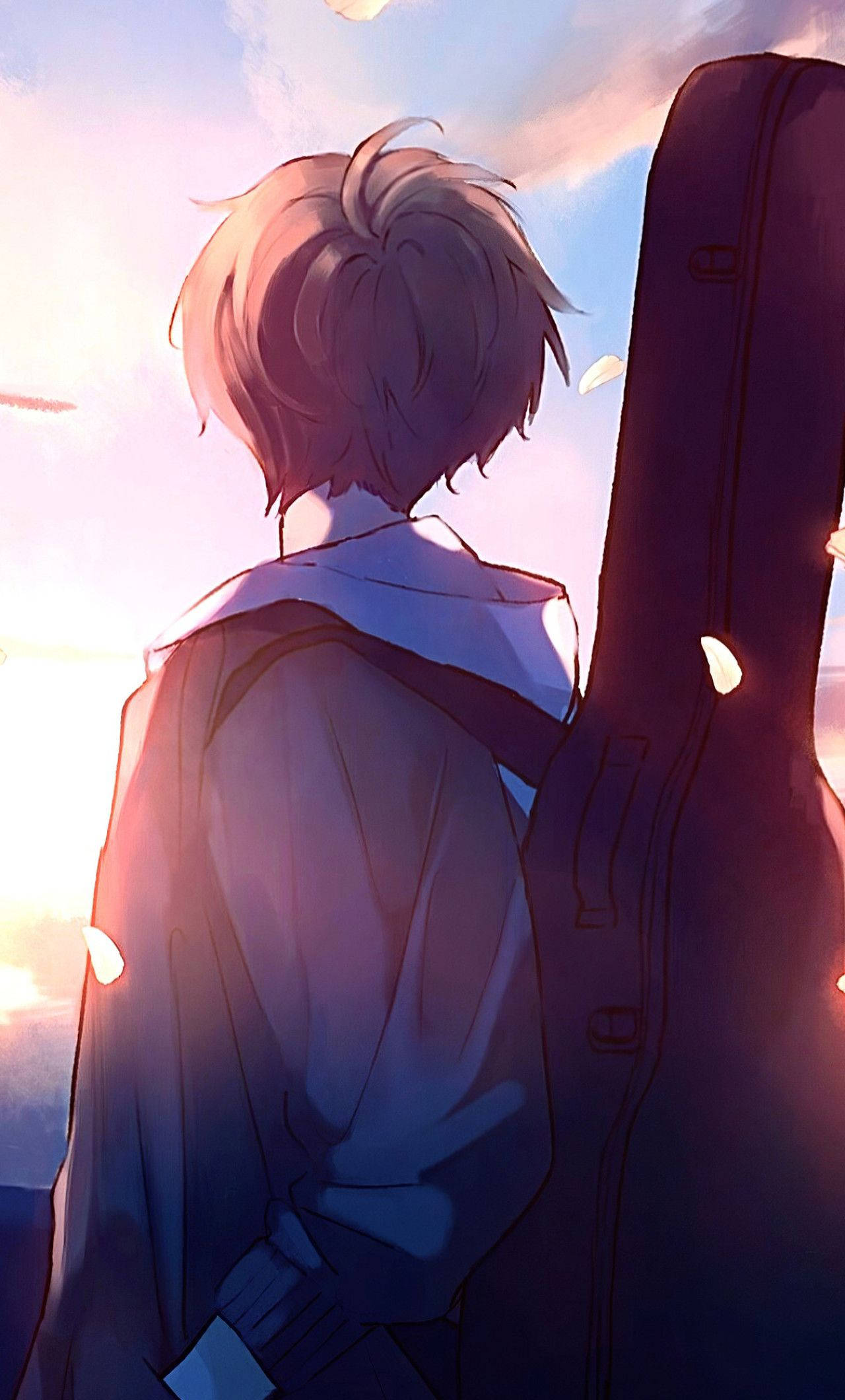 4K Phone, anime boy, guitar case, Full HD Phone Wallpaper