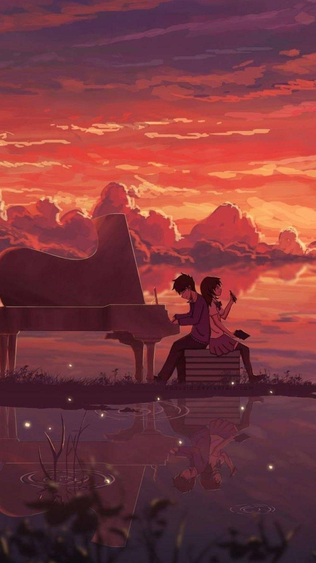 4K Phone, anime couple, grand piano, Full HD Phone Wallpaper