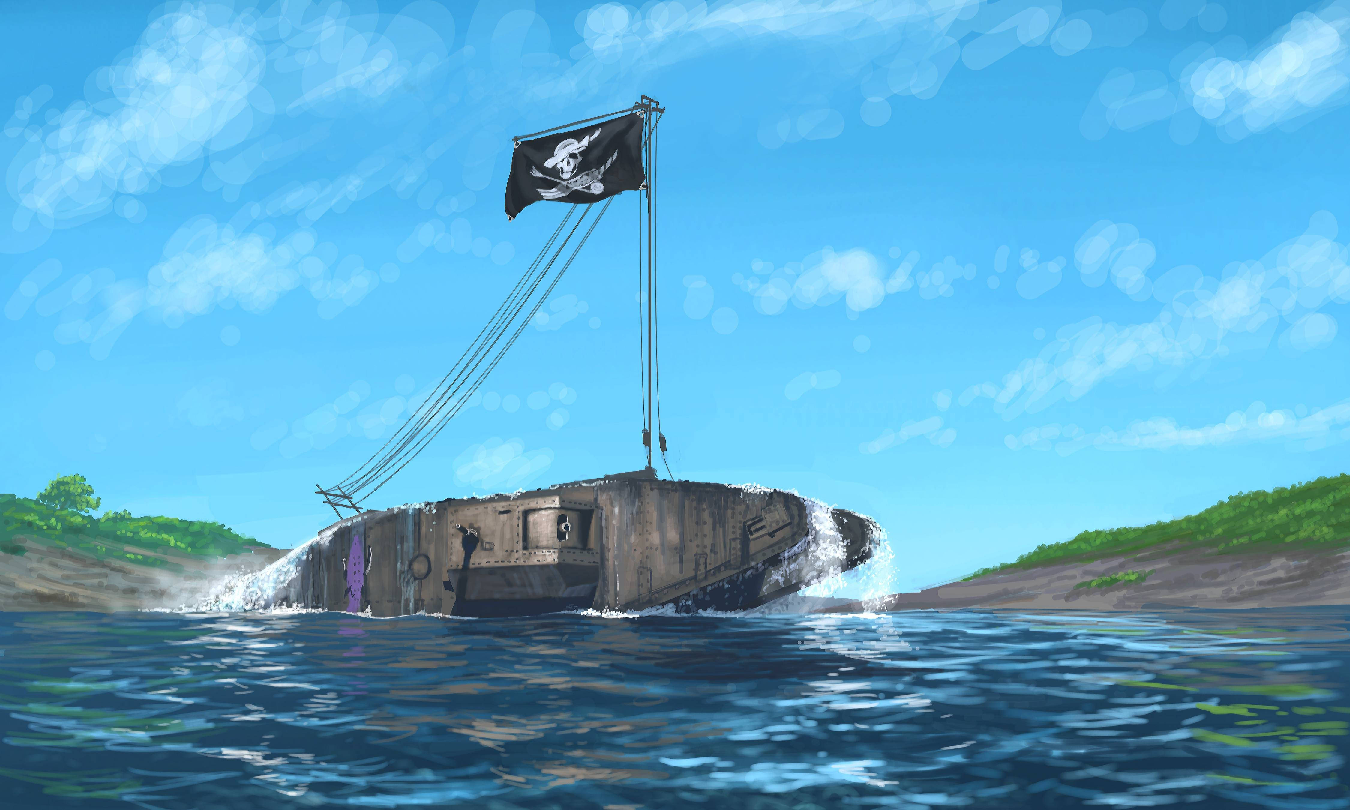 4K Pirate Ship Sinking, skull flag, blue waves, 4K Desktop Wallpaper
