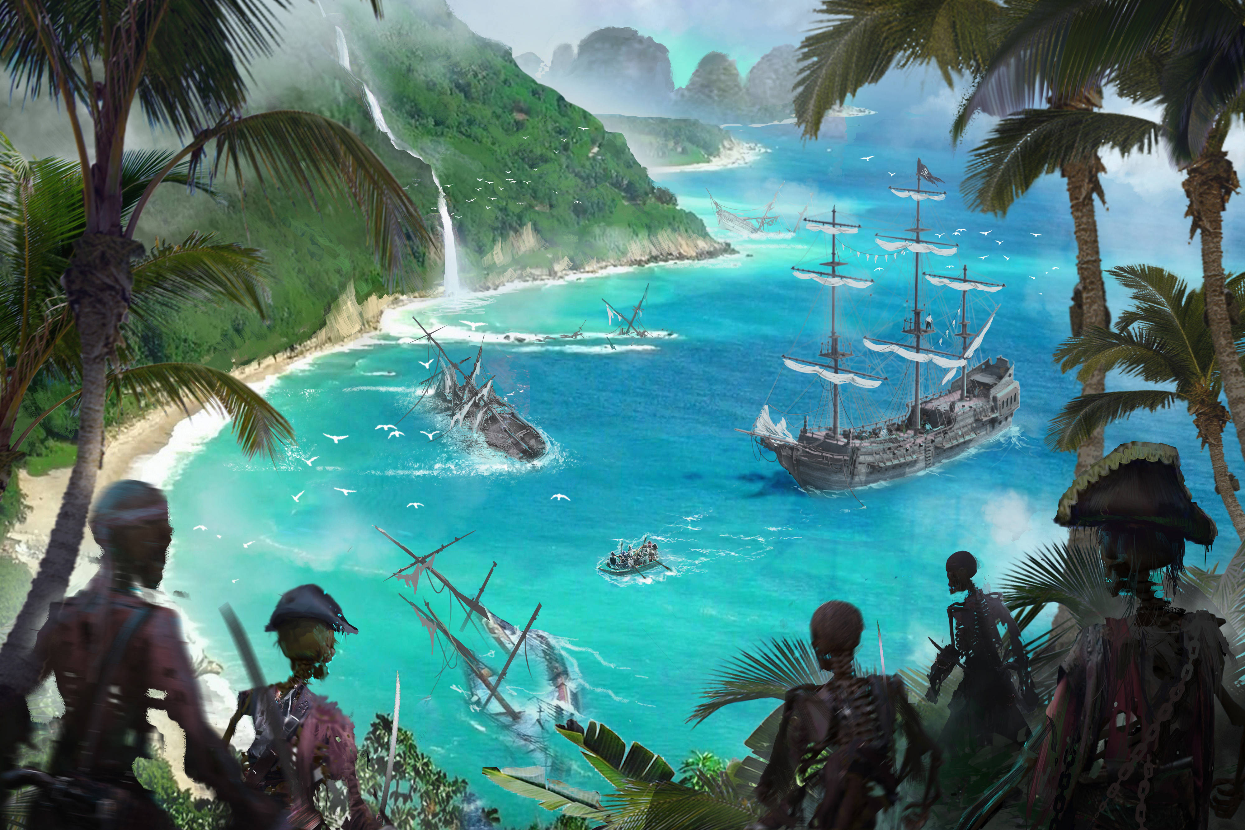 4K Pirate, skeletal pirates, turquoise bay, 4K Desktop Wallpaper