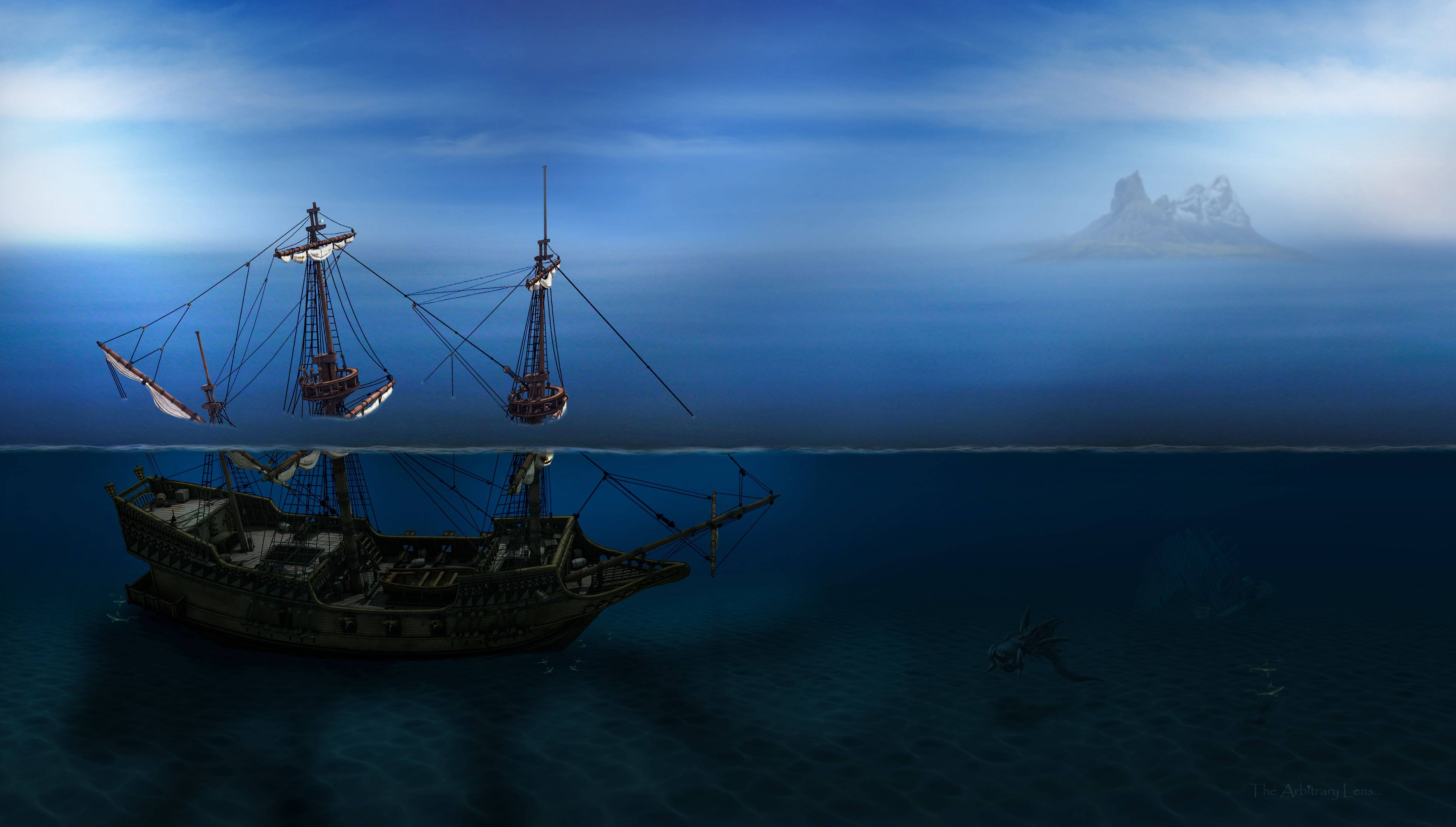 4K Pirate Ship Sinking, ghost ship, misty ocean, 4K Desktop Wallpaper
