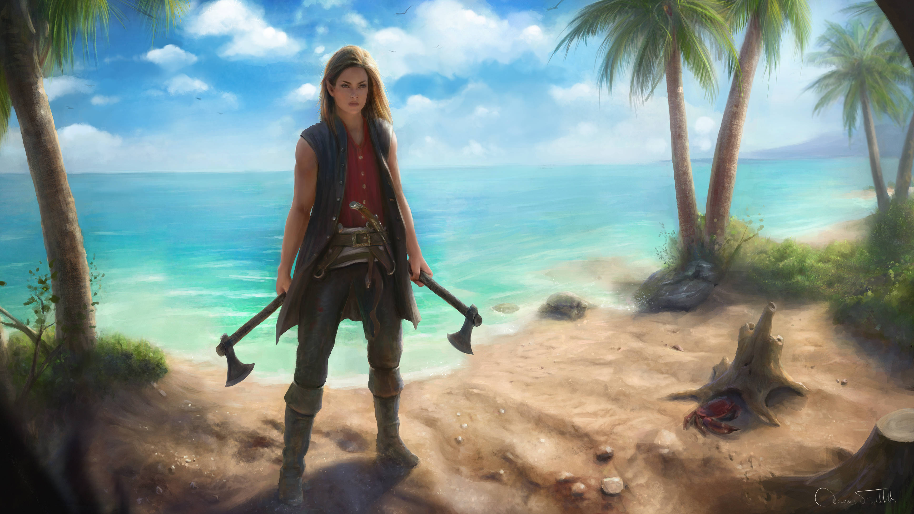 4K Pirate, tropical beach, palm trees, 4K Desktop Wallpaper