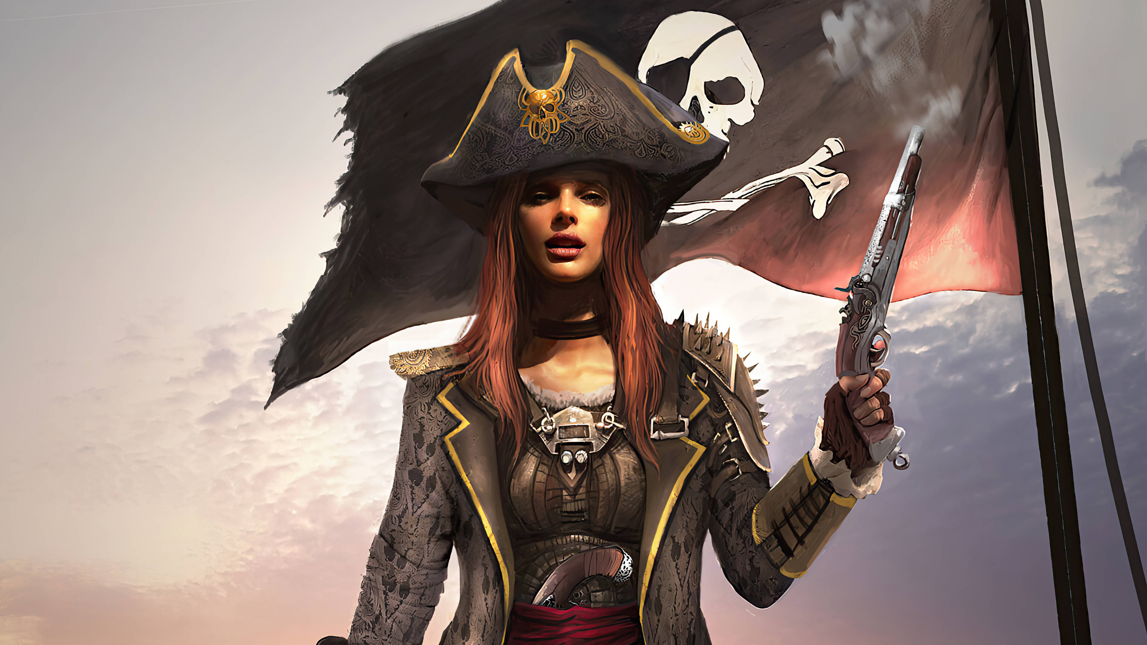 female pirate, red hair, ornate armor, 4K Desktop Wallpaper