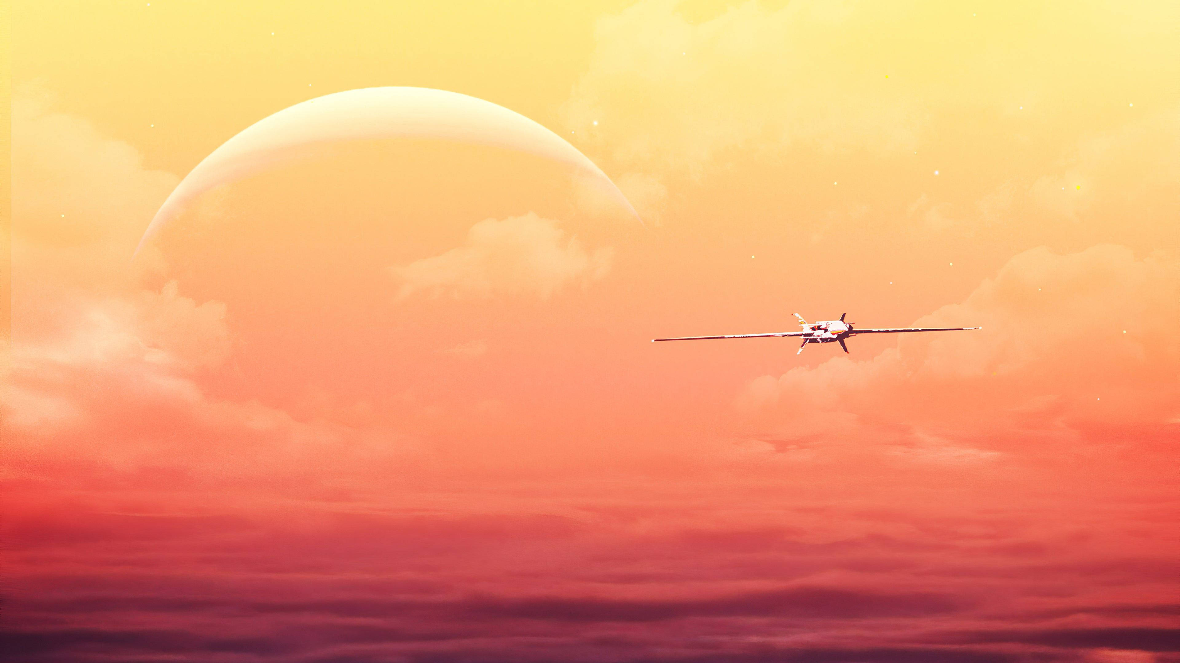 4K Plane, orange sky, pink sunset, 4K Desktop Wallpaper
