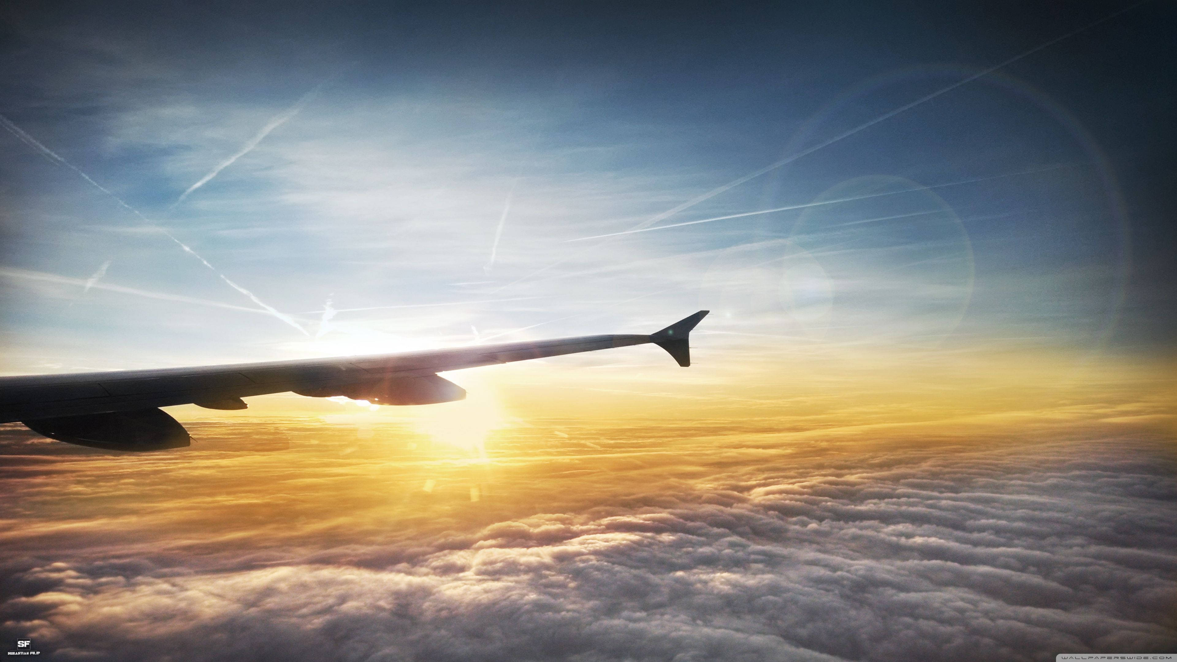 4K Plane, sunset, airplane wing, 4K Desktop Wallpaper