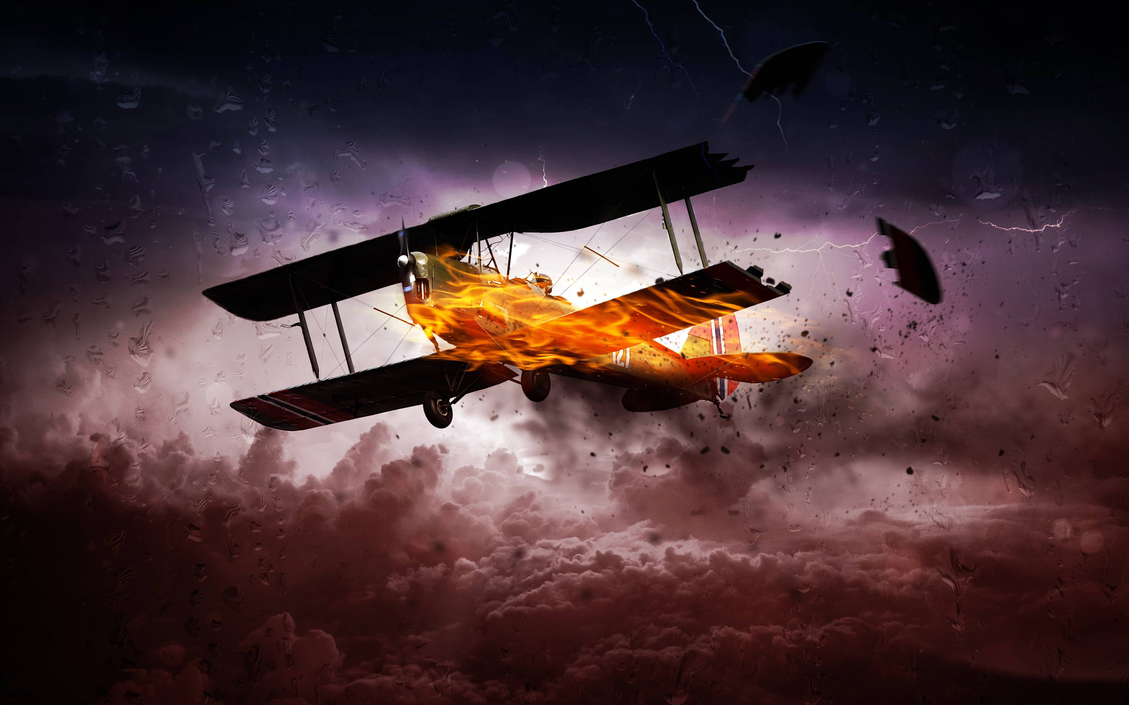 4K Plane, biplane, flames, 4K Desktop Wallpaper