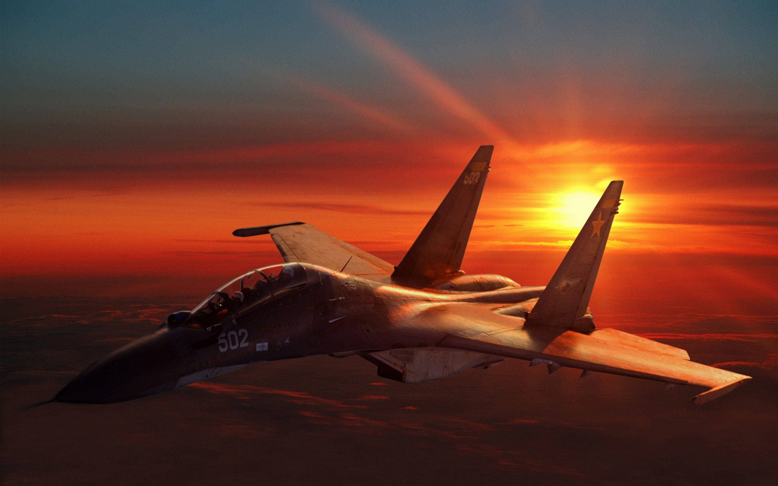 4K Plane, sunset, fiery sunset sky, 2K Desktop Wallpaper