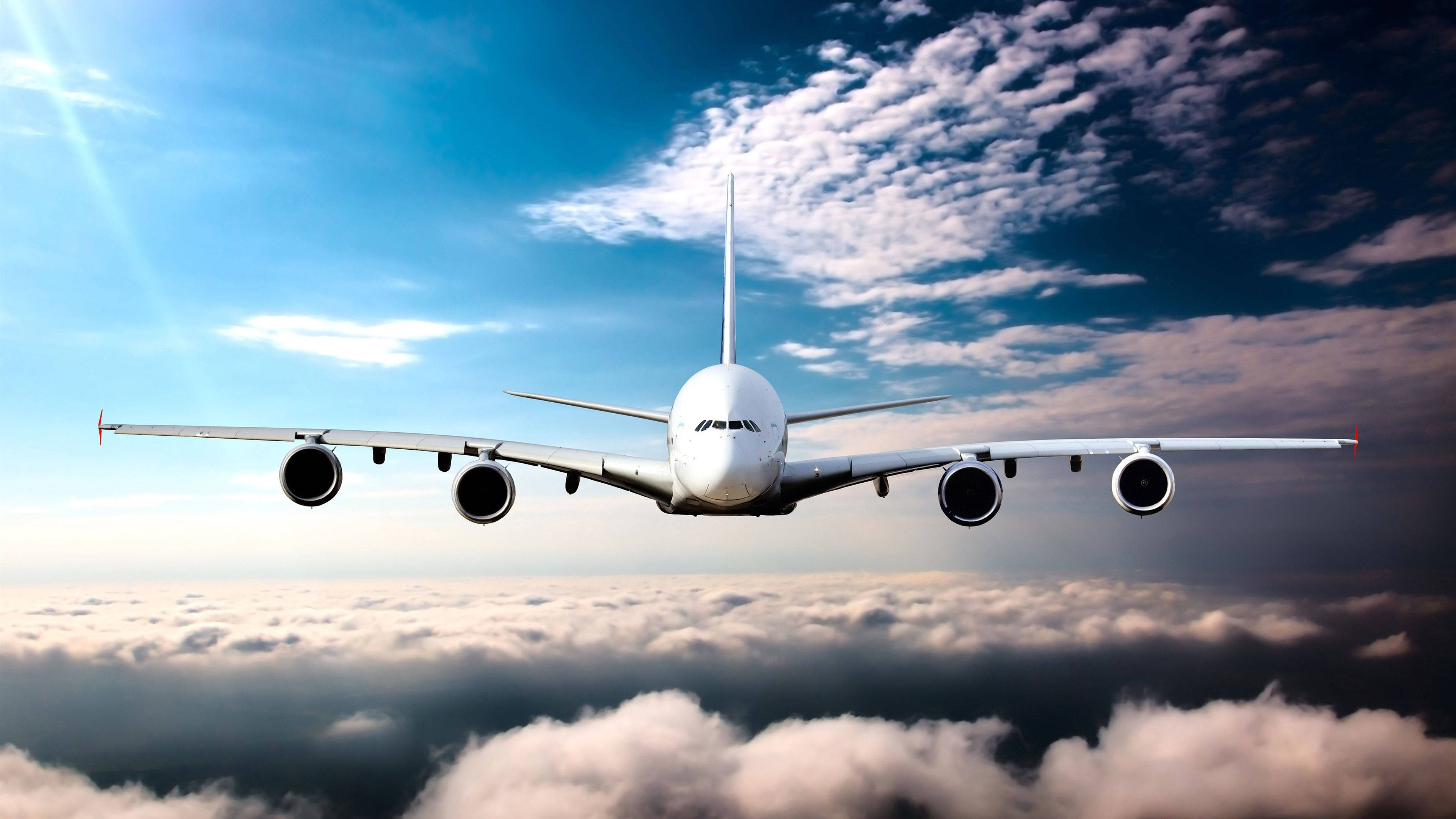 4K Plane, white jumbo jet, fluffy clouds, 4K Desktop Wallpaper