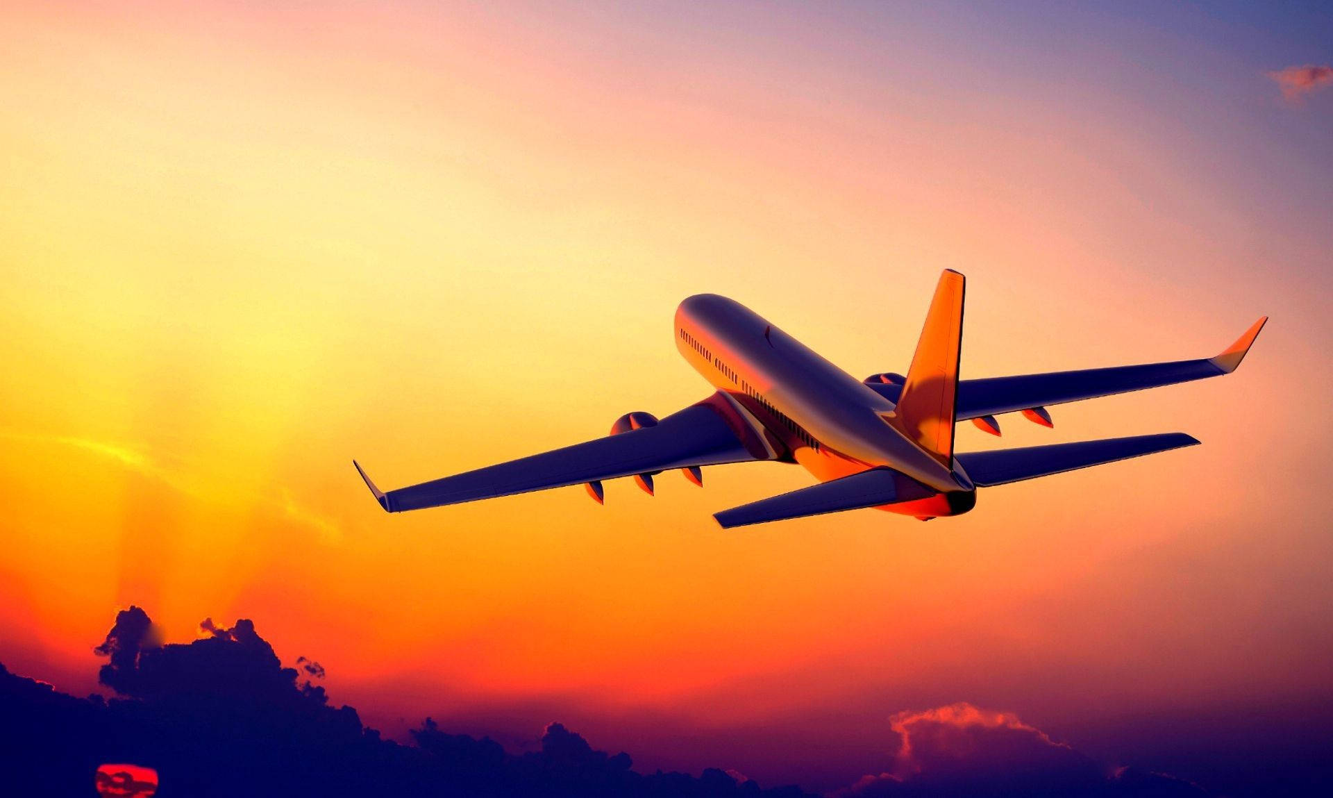 4K Plane, sunset sky, orange and purple hues, Full HD Desktop Wallpaper