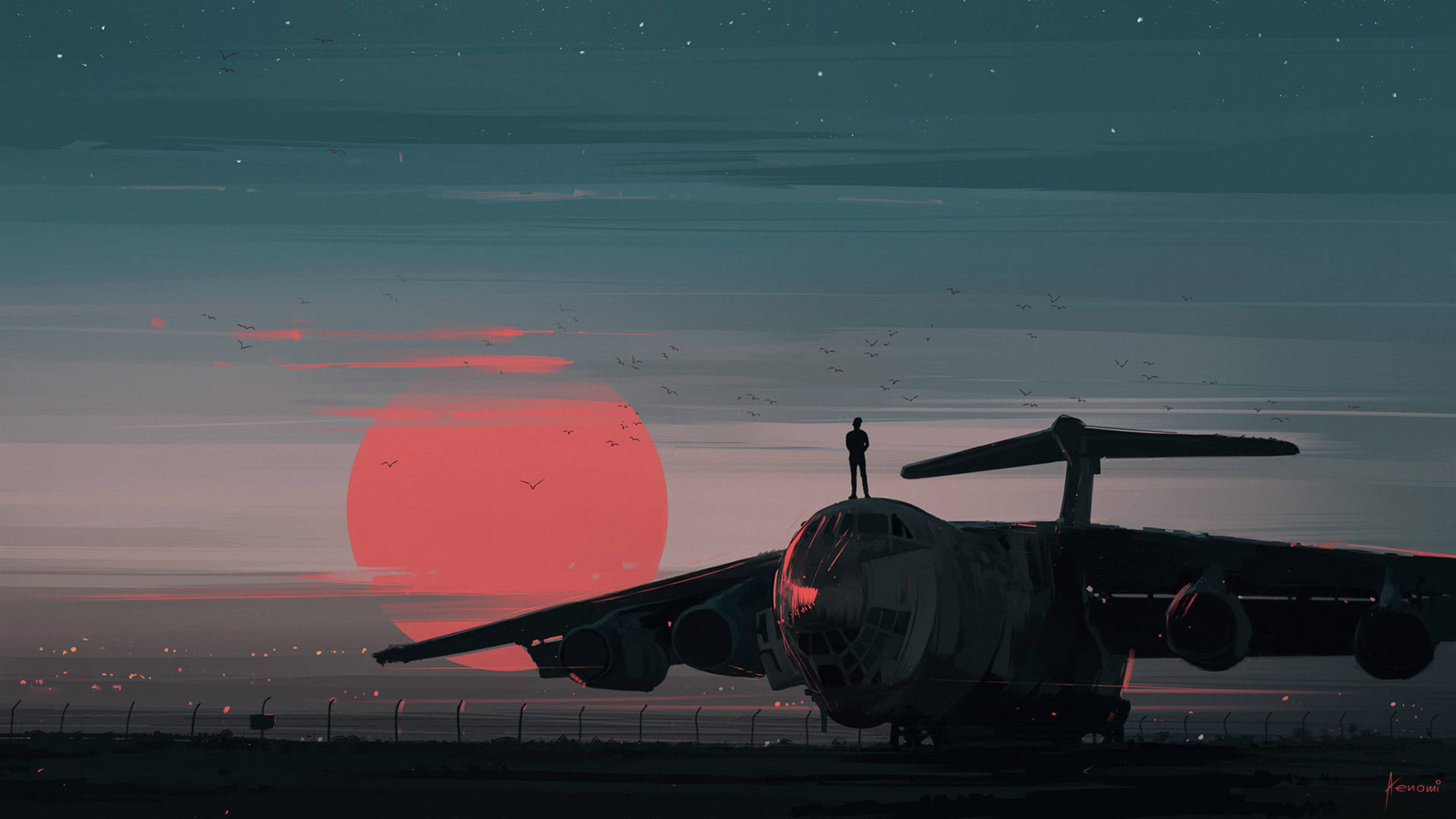 silhouette of man, airplane, glowing red sun, 4K Desktop Wallpaper
