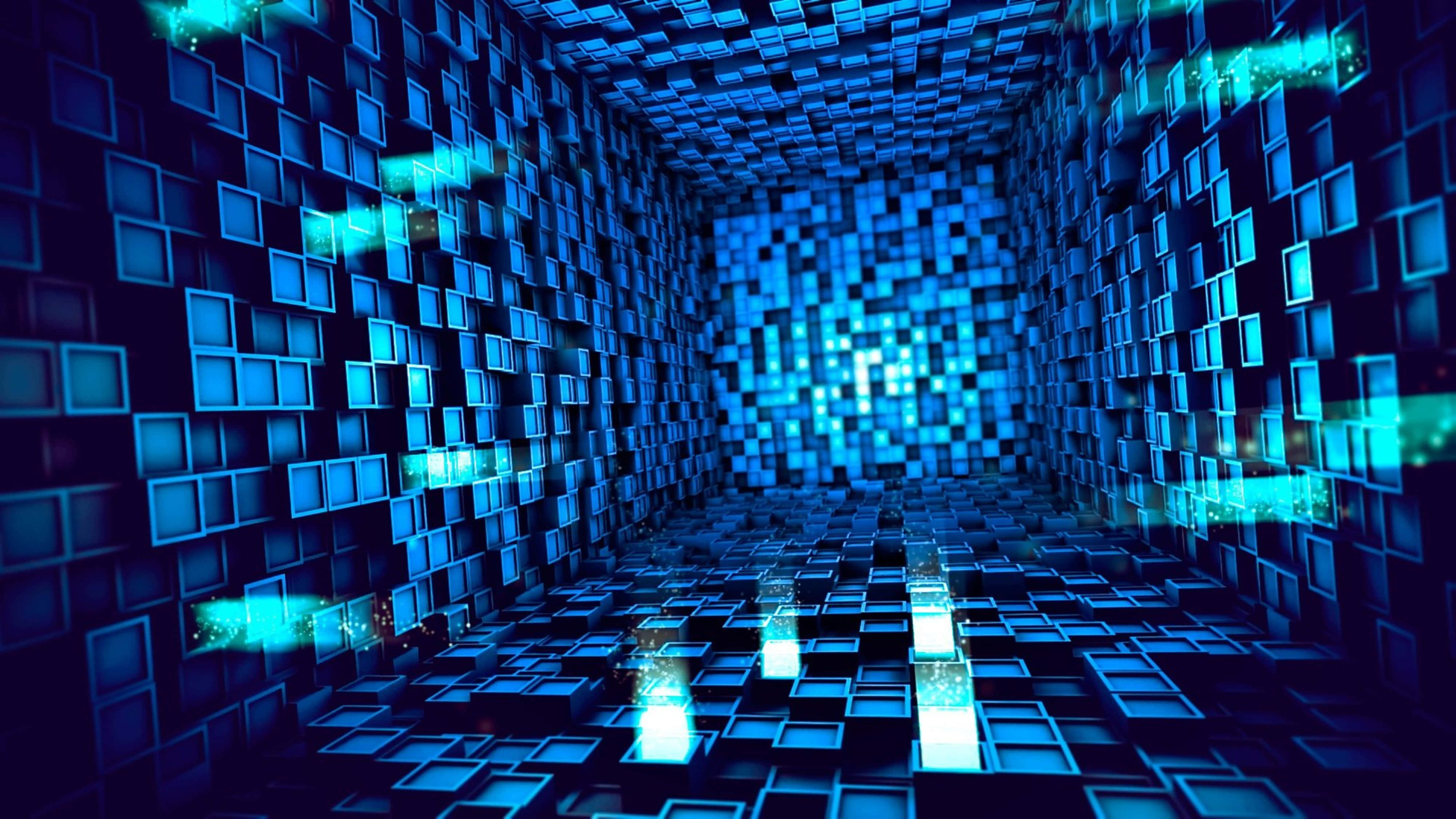 4K tech, glowing blue cubes, digital tunnel, 4K Desktop Wallpaper