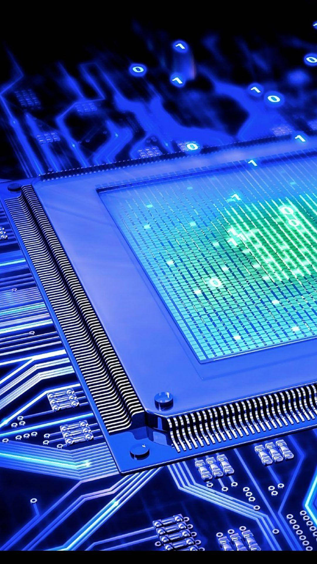 CPU, motherboard, glowing blue, Full HD Phone Wallpaper