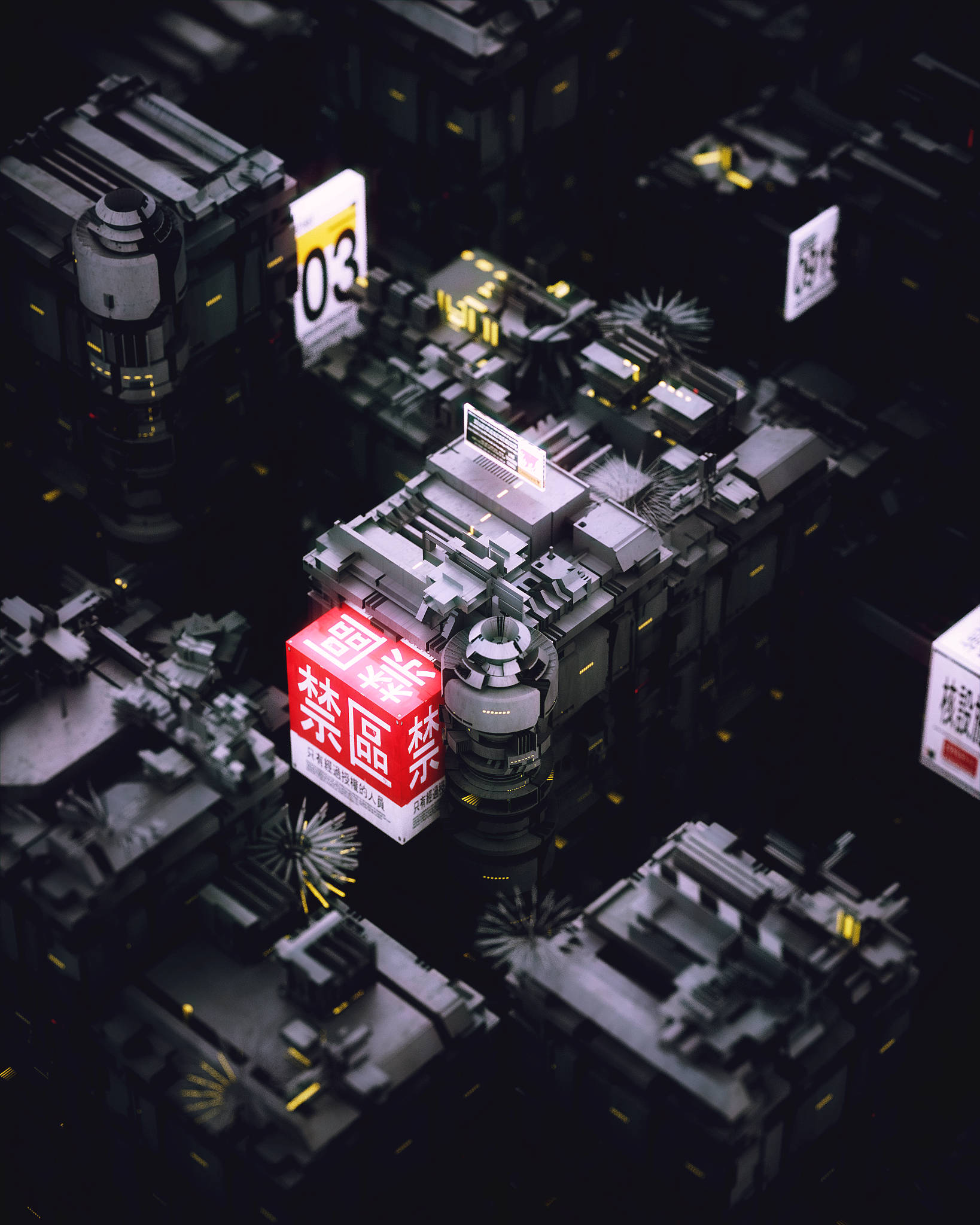 3D Processor Circuit, dark futuristic cityscape, glowing yellow accents, Full HD Phone Wallpaper