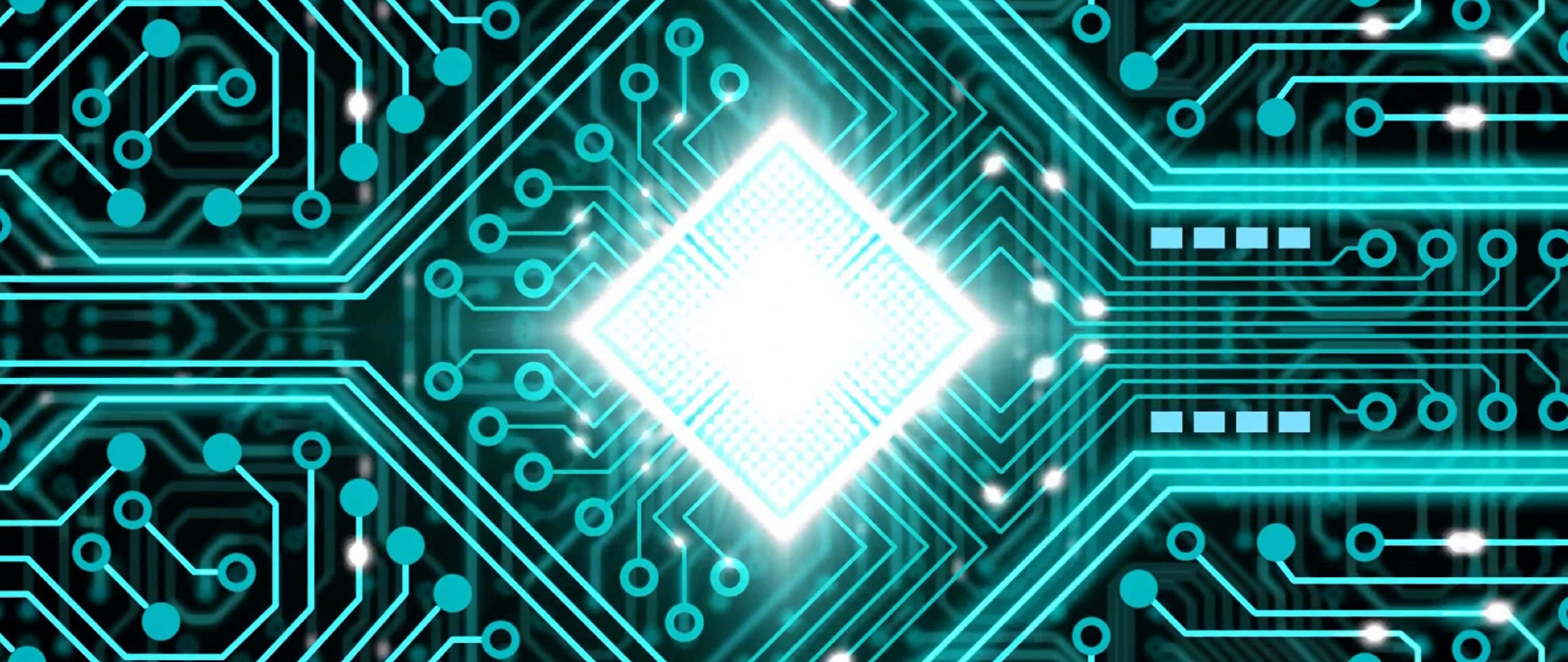 4K Processor, teal circuit board, glowing white microchip, 4K Desktop Wallpaper