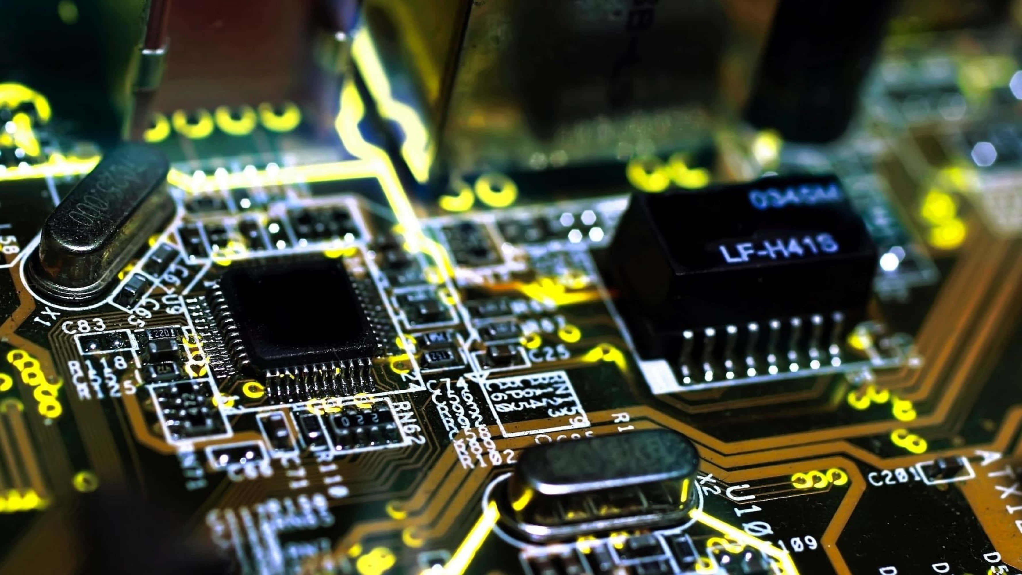 4K Processor, glowing yellow circuit board, intricate pathways, 2K Desktop Wallpaper