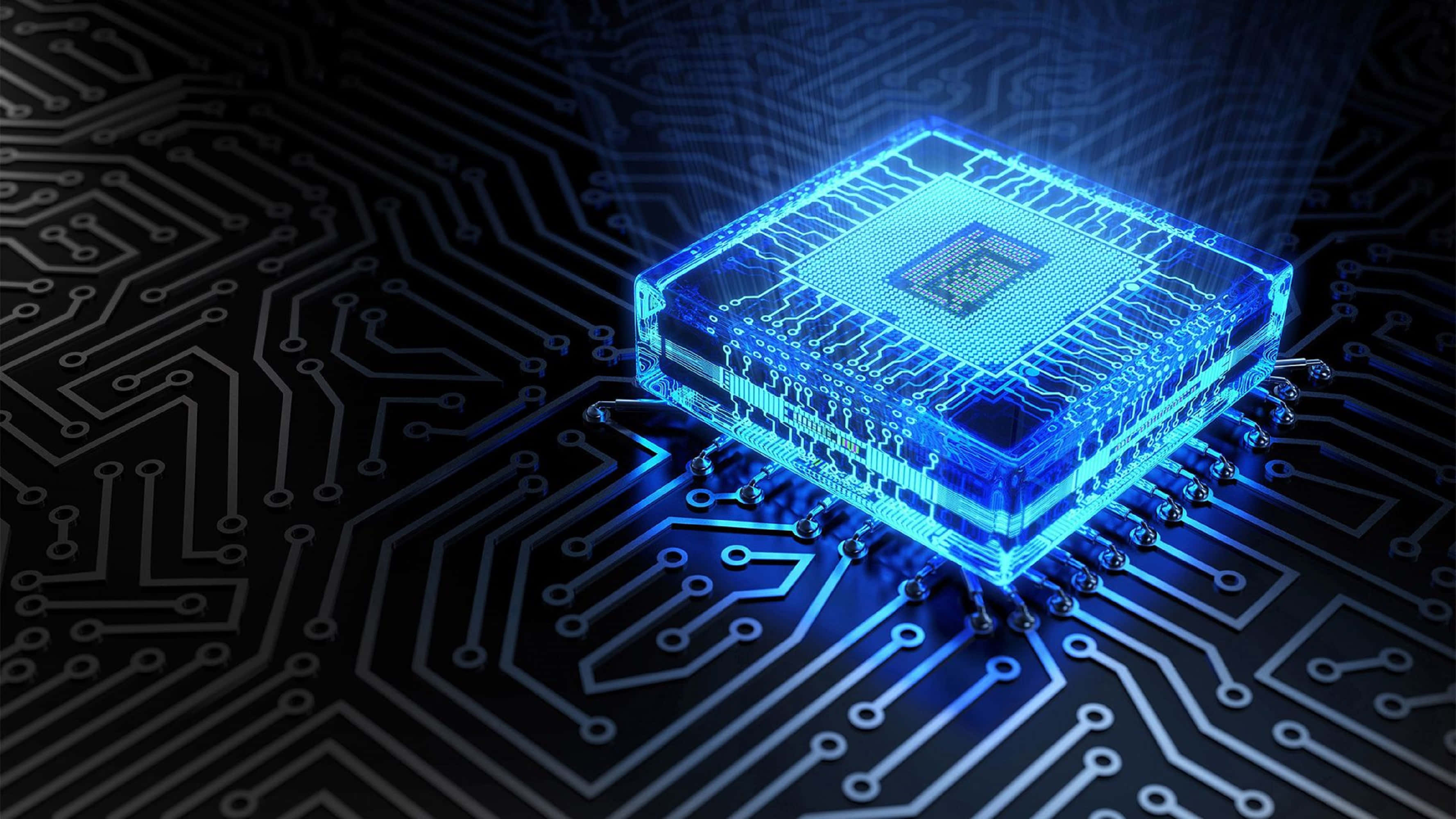 4K Processor, glowing blue transparent microchip, dark circuit board, 2K Desktop Wallpaper