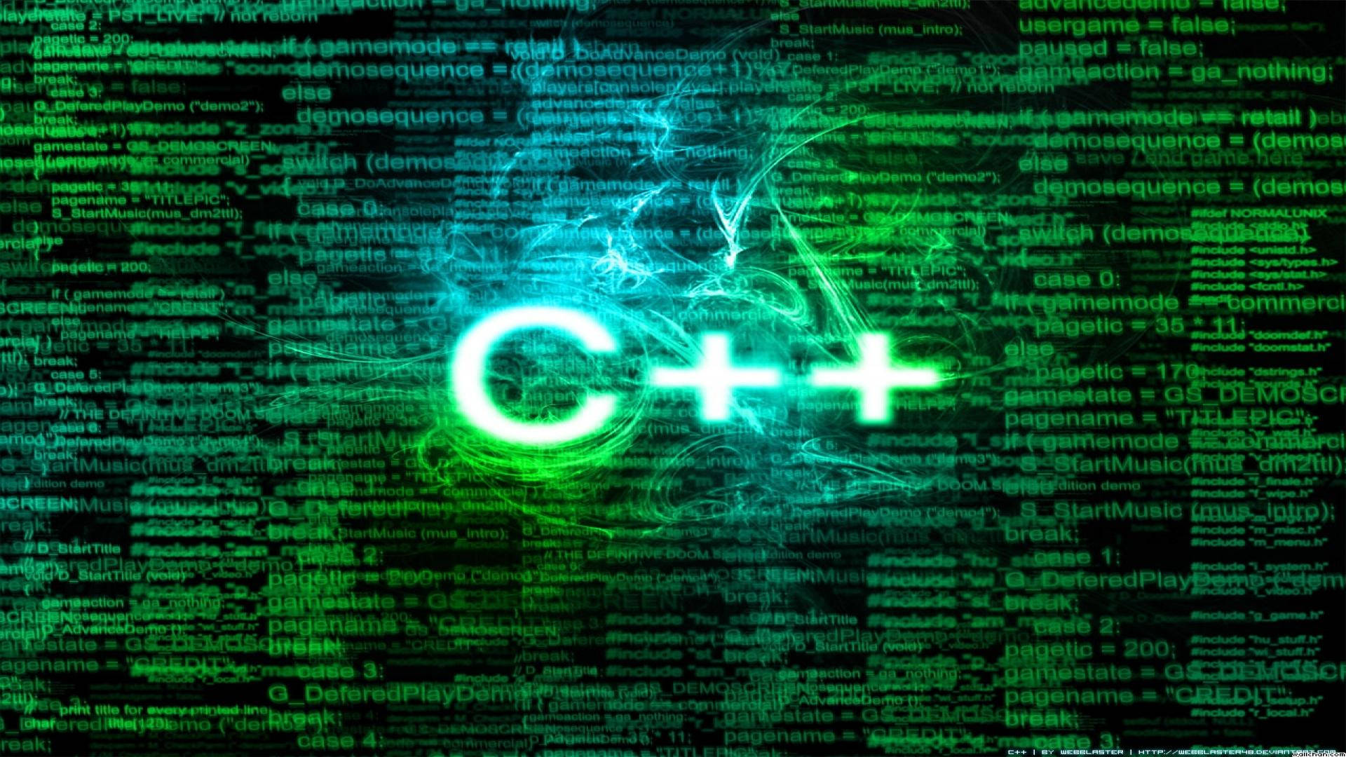 C++, glowing green, code lines, Full HD Desktop Wallpaper
