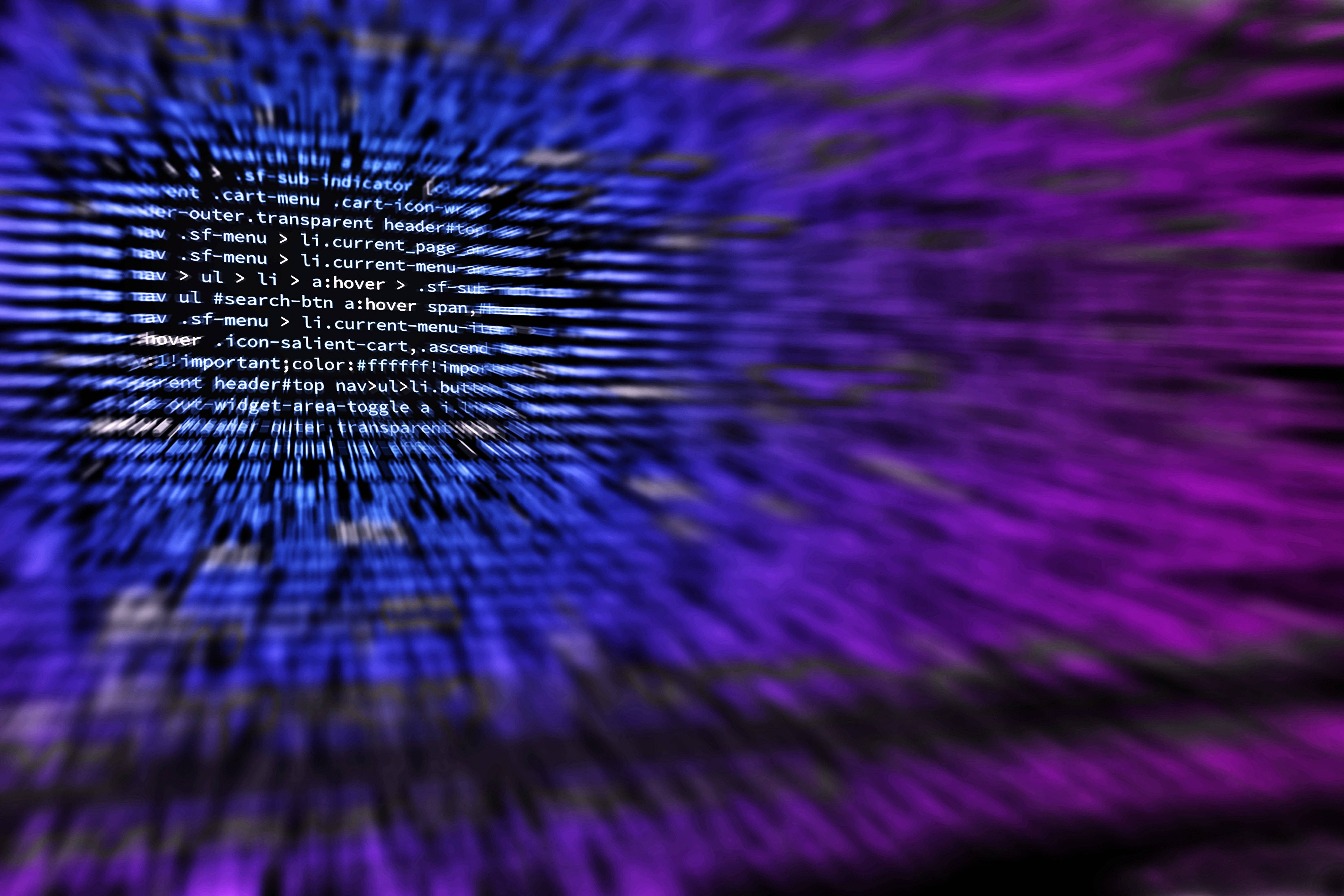 glowing purple, blue digital code, tunnel, 5K Desktop Wallpaper