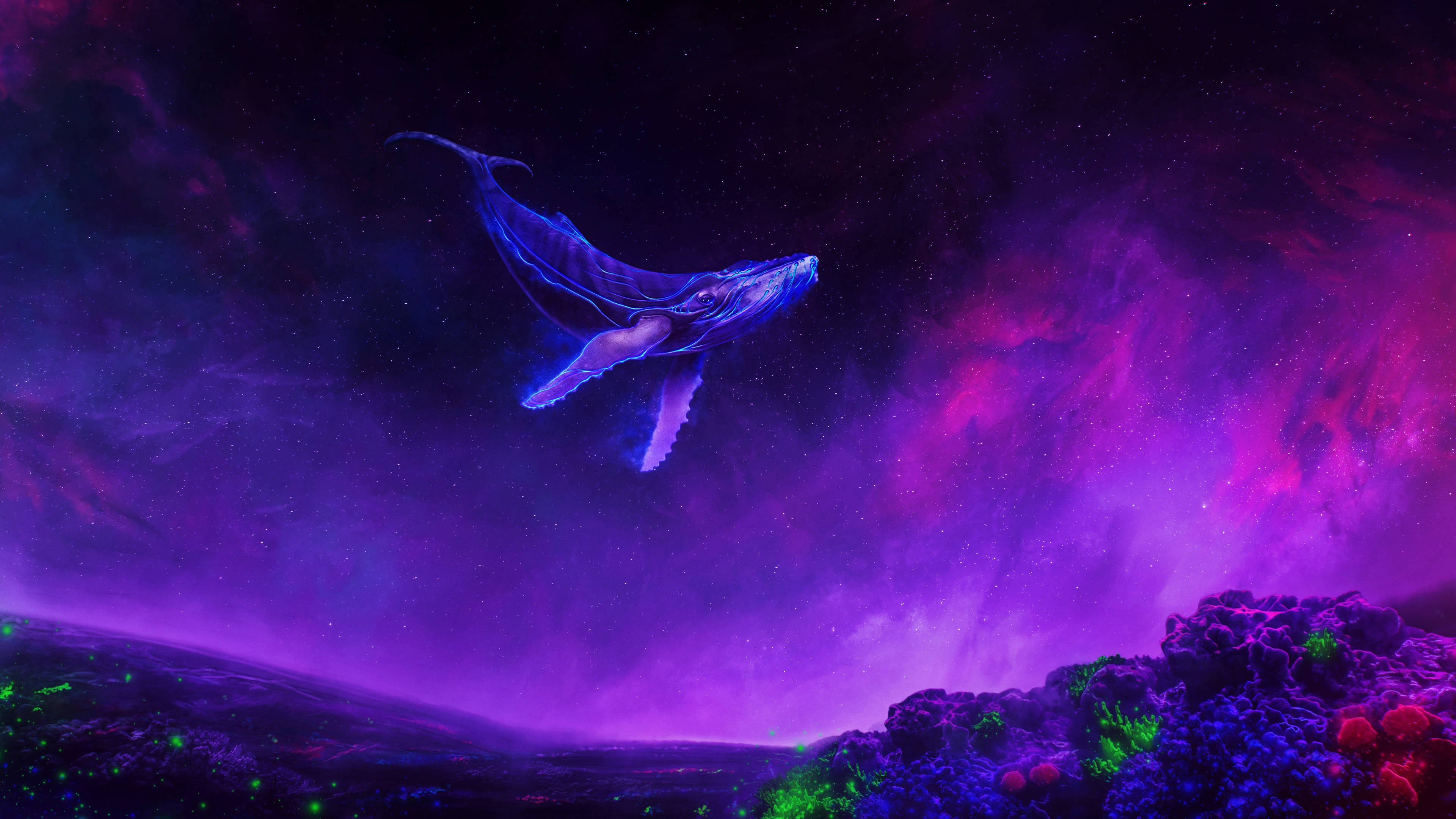 surreal whale, glowing blue whale, cosmic nebula, 4K Desktop Wallpaper