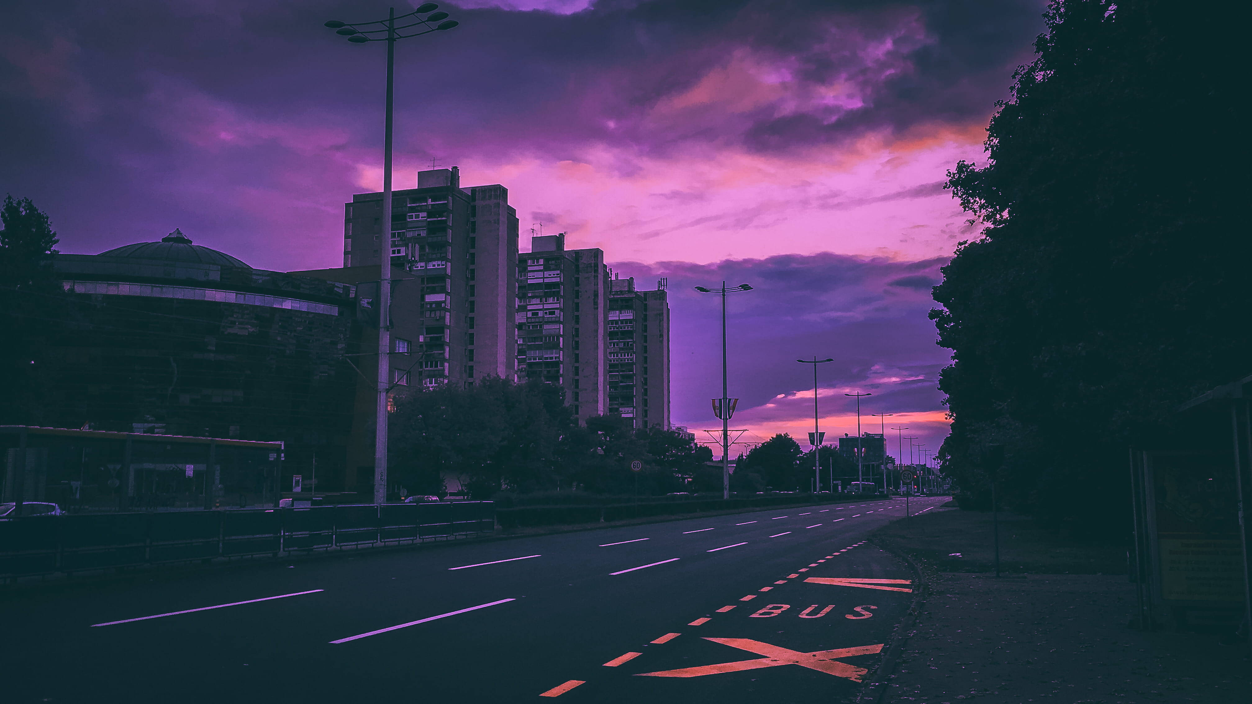 purple skies, 4K, urban street, 4K Desktop Wallpaper