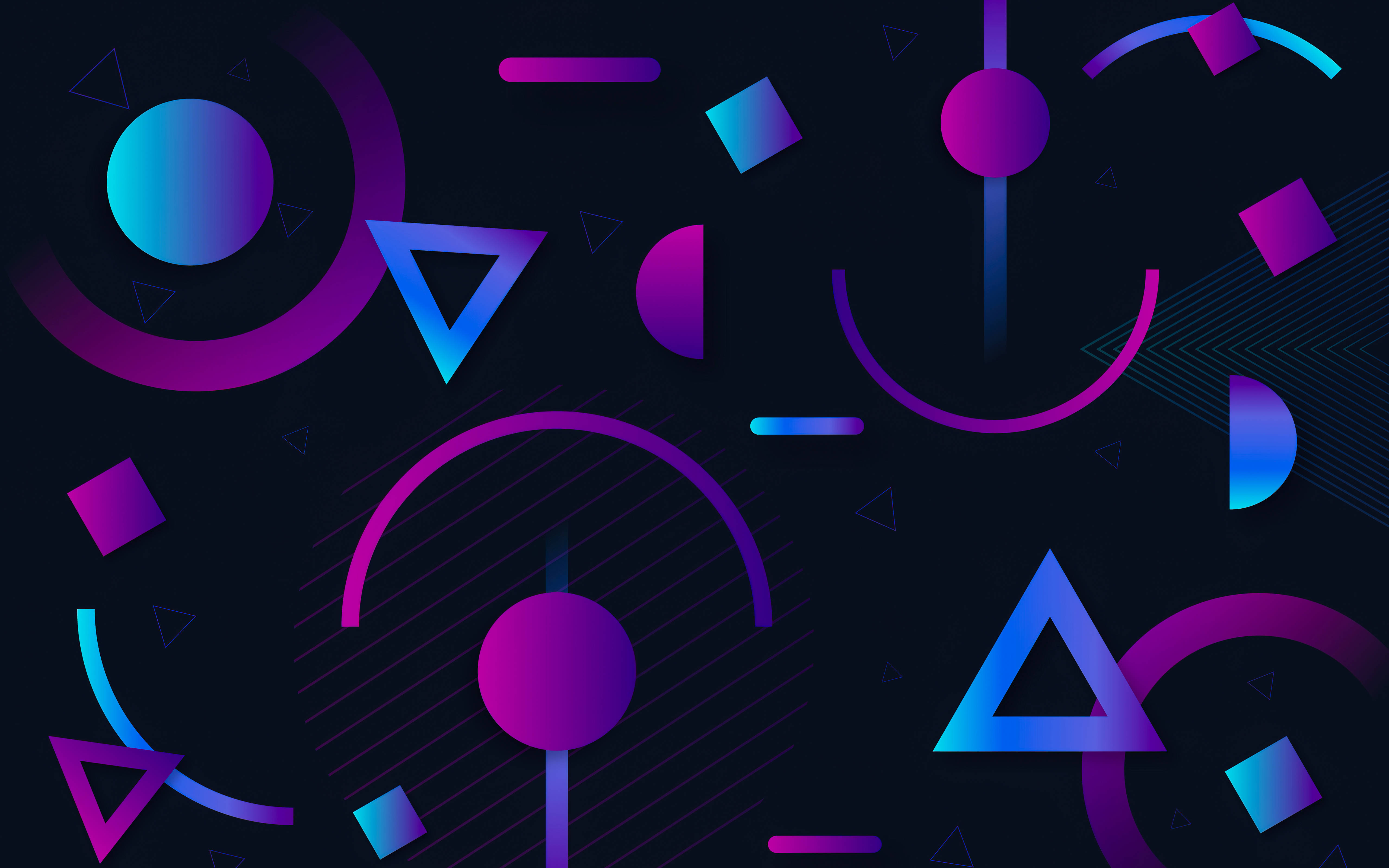 neon purple, blue geometric shapes, dark background, 5K Desktop Wallpaper