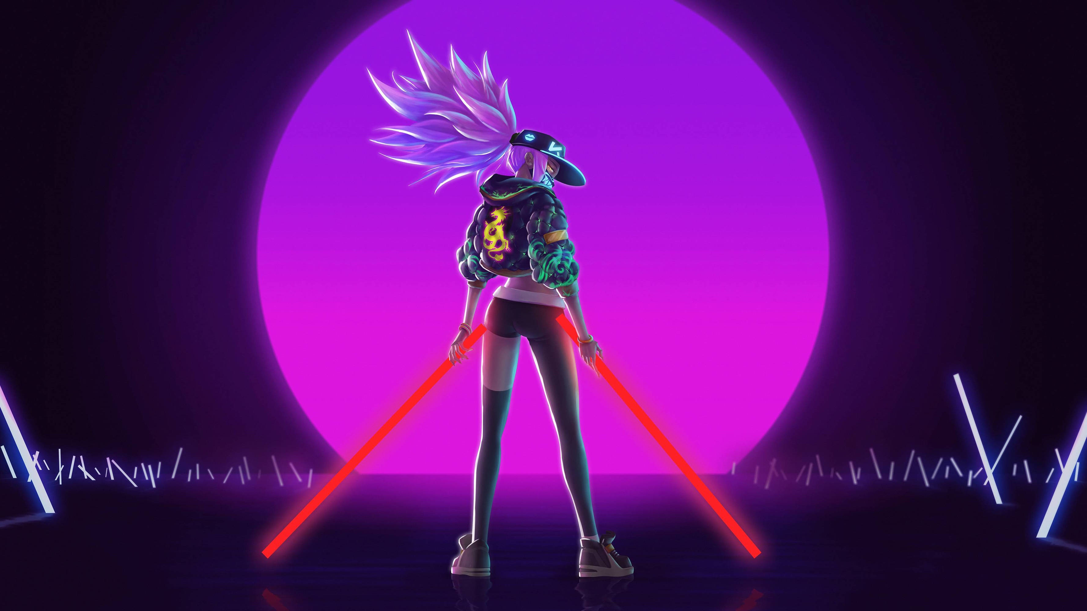 cyberpunk anime girl, spiky purple hair, glowing red swords, 2K Desktop Wallpaper
