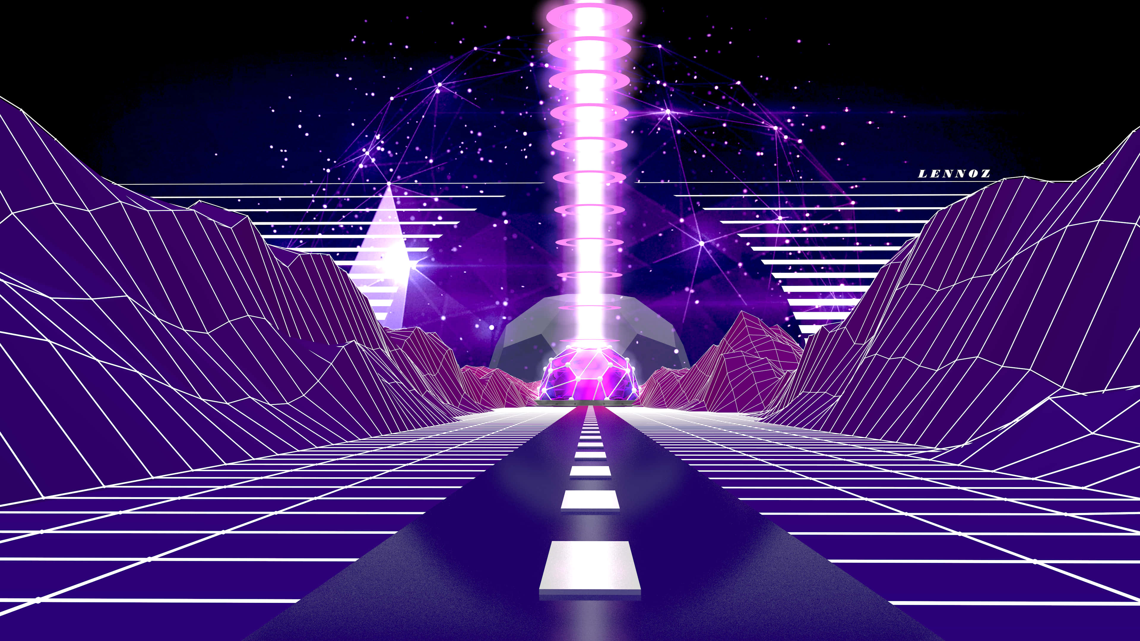 neon-lit digital highway, glowing pink tower, geometric purple mountains, 4K Desktop Wallpaper