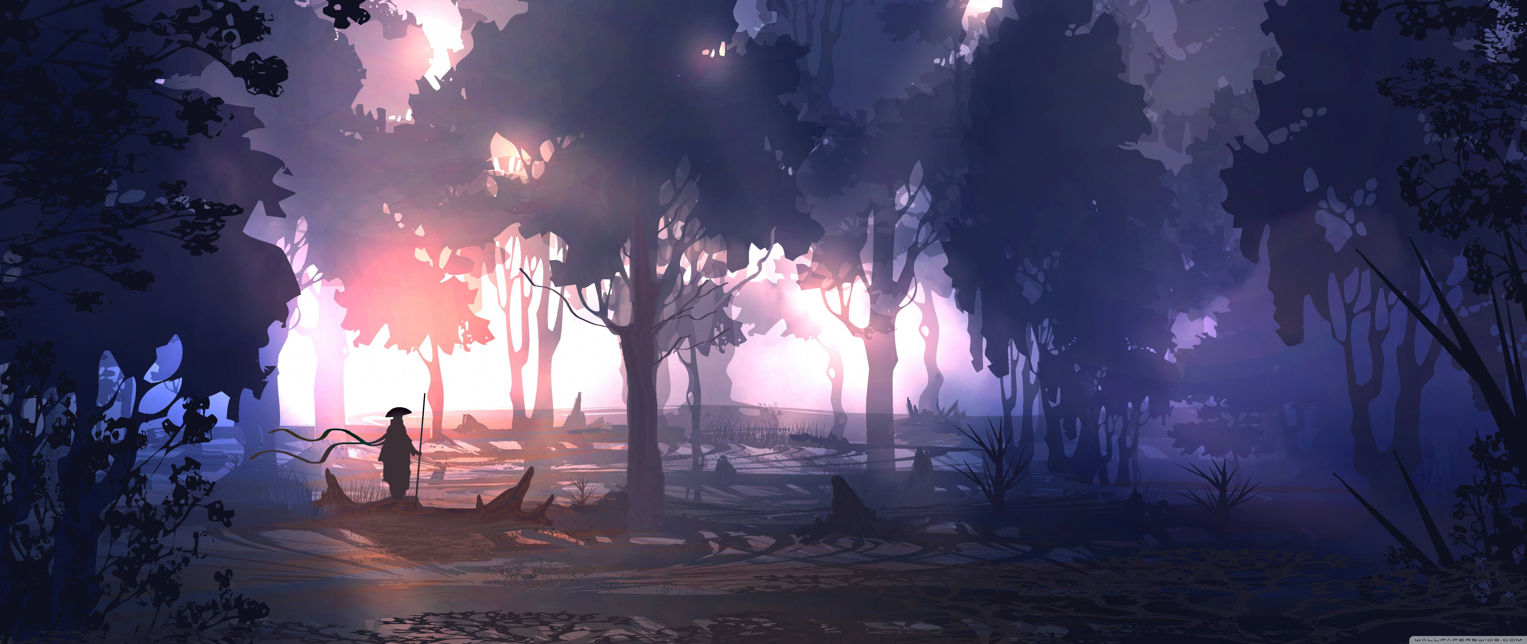 purple forest, 4K Ultra Widescreen, lone figure with a staff, 5K Desktop Wallpaper