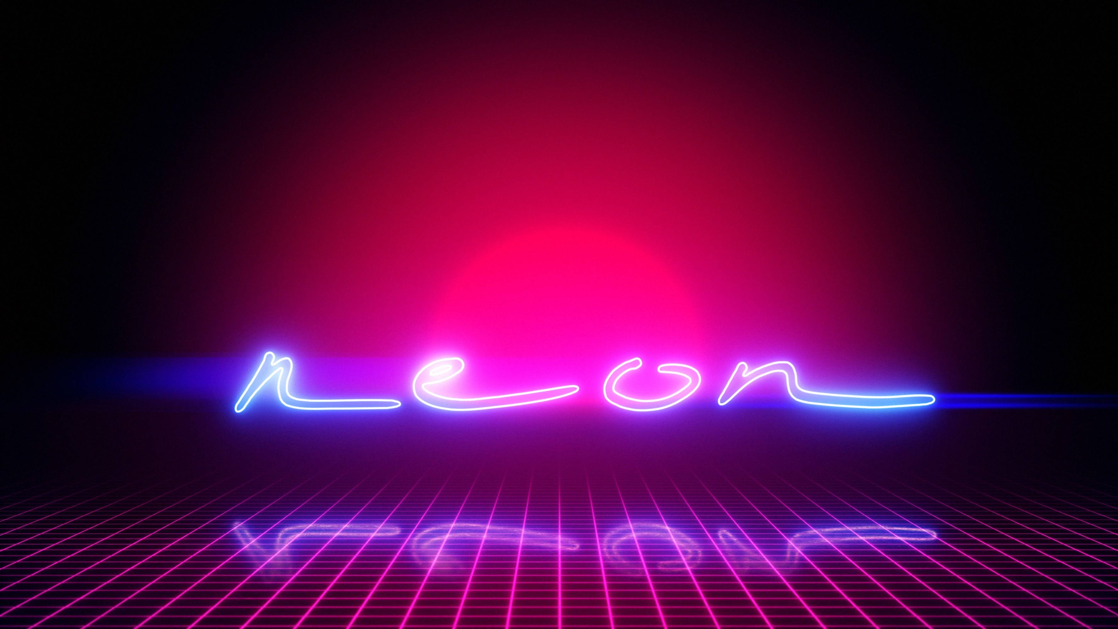 neon purple, glowing pink sun, grid floor, 2K Desktop Wallpaper