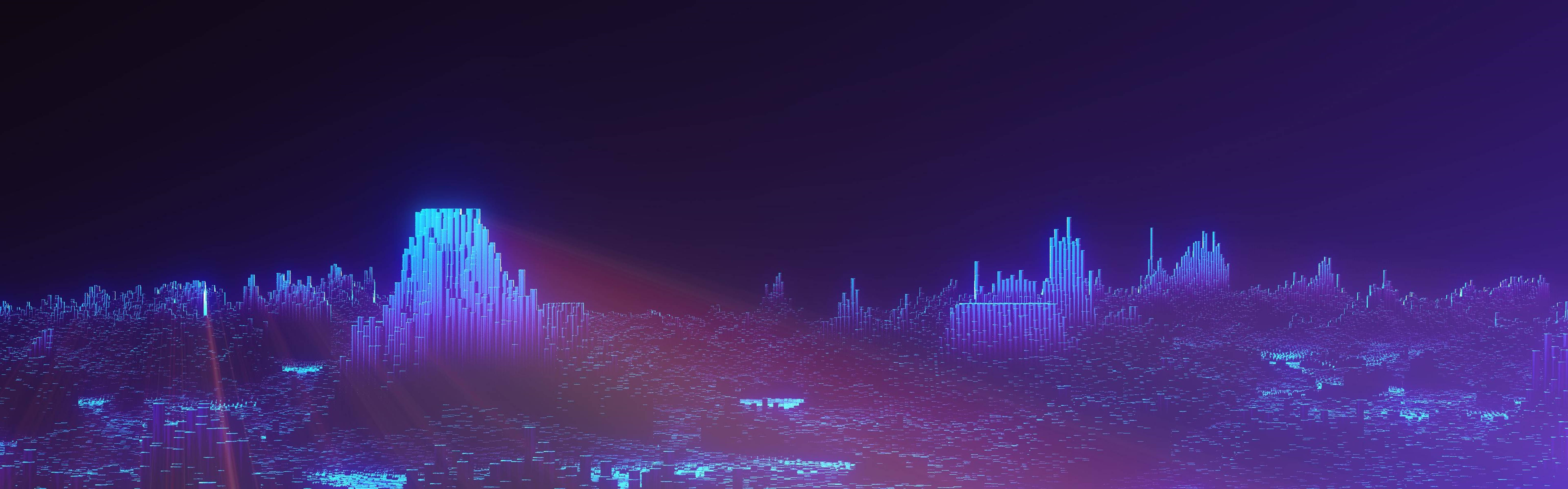 neon purple, futuristic cityscape, glowing purple, 5K Desktop Wallpaper