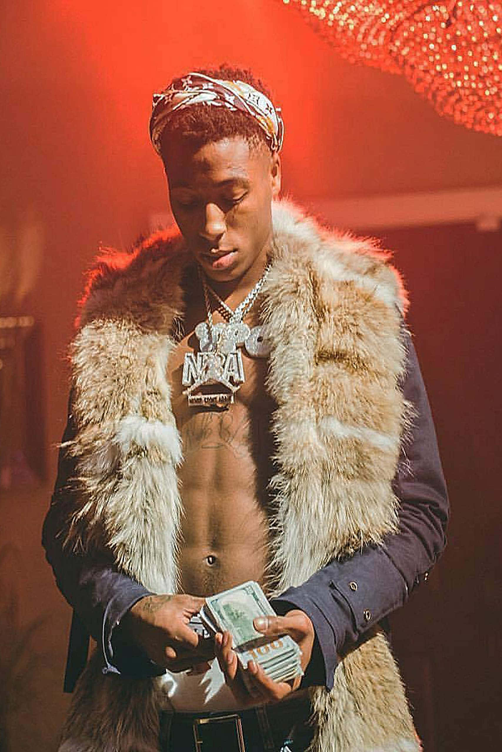 fur vest, bandana, red stage lights, 2K Phone Wallpaper