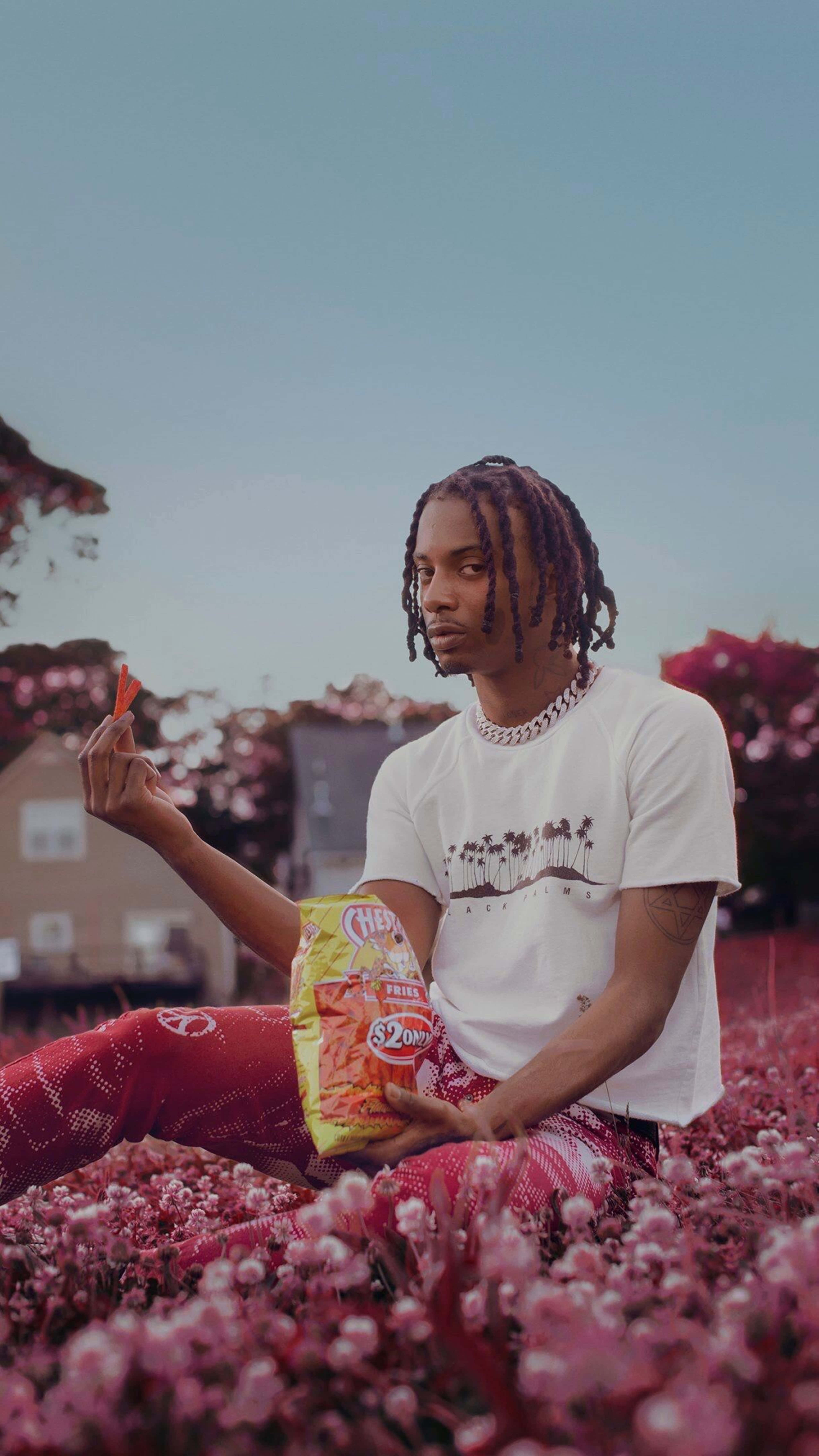 4K Rapper, pink flowers, bag of chips, 5K Phone Wallpaper