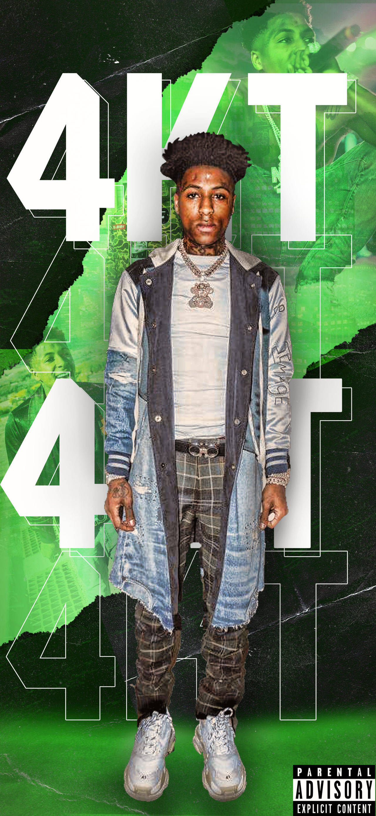 4KT, vibrant green glitchy background, bold white 4KT text, 2K Phone Wallpaper