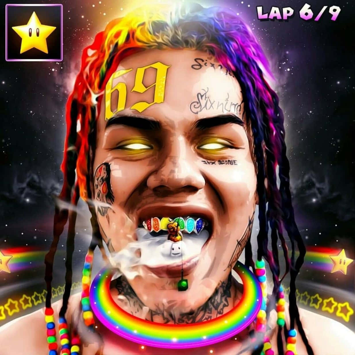 69 rapper, rainbow dreadlocks, glowing eyes, SD Desktop Wallpaper
