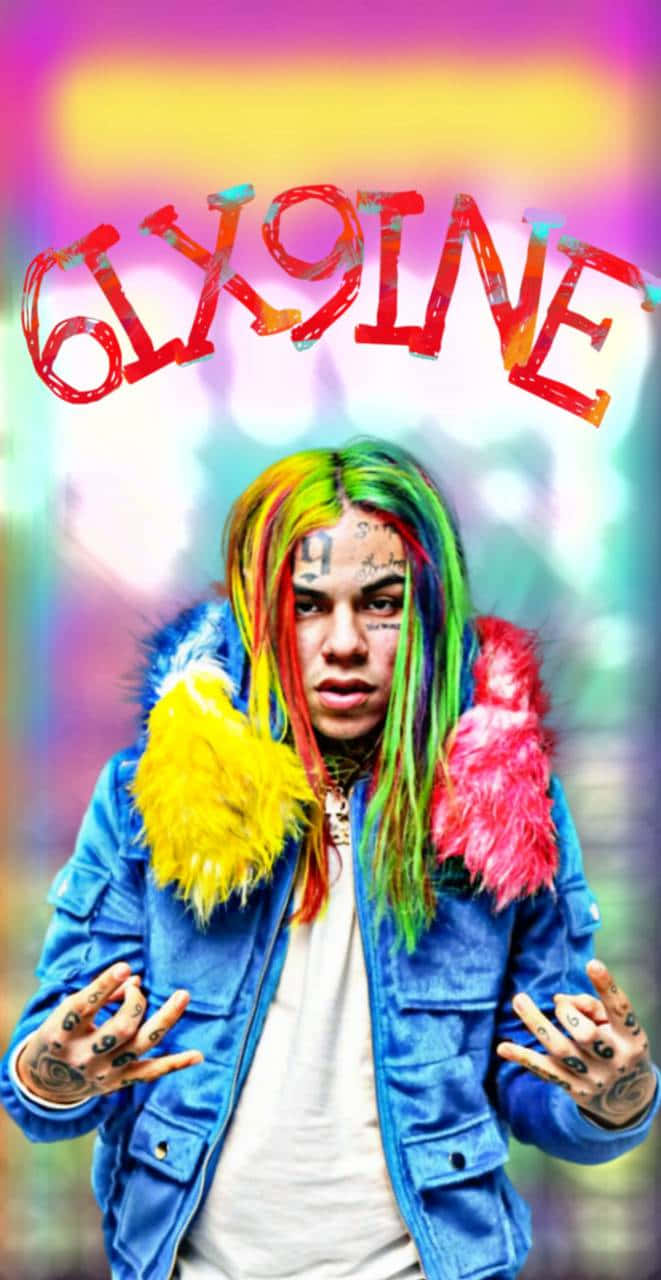 69 rapper, rainbow hair, blue jacket, HD Phone Wallpaper