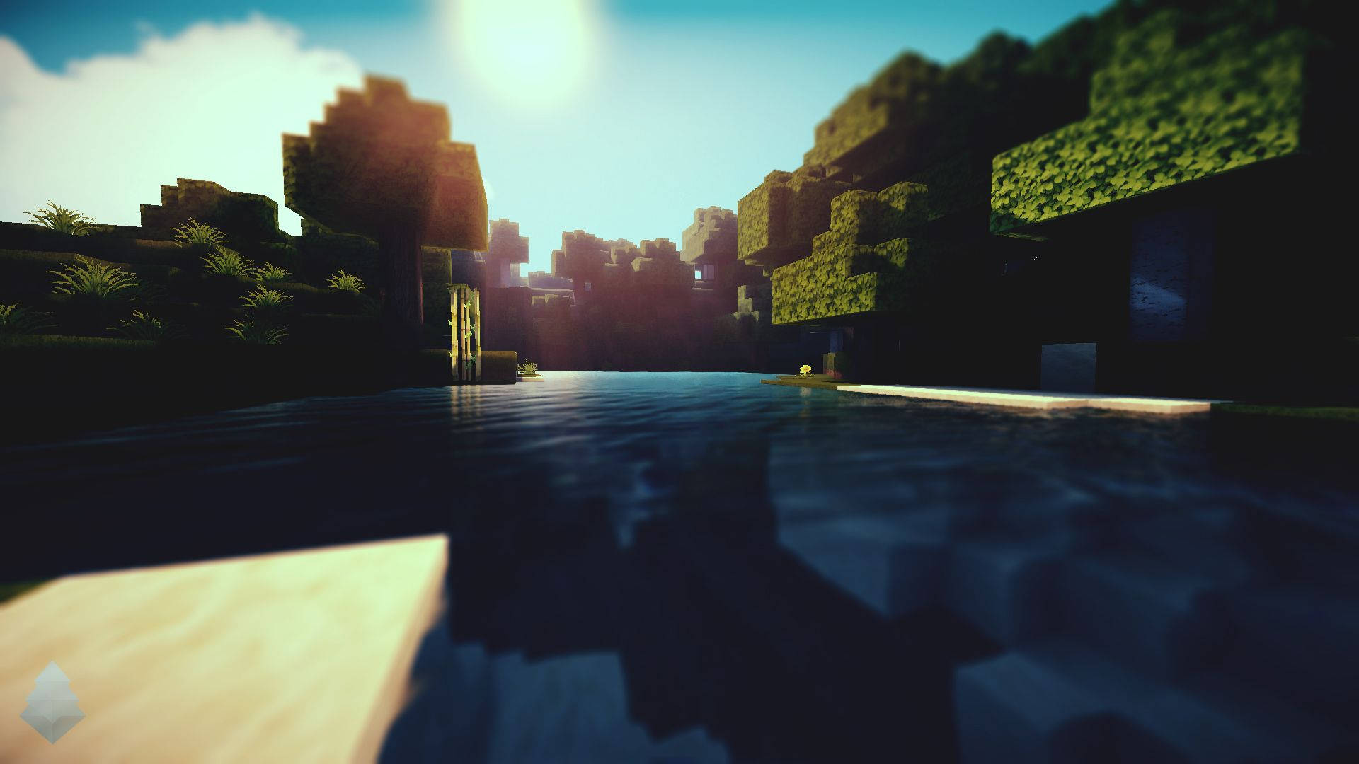 4K Minecraft Lake, blocky jungle trees, Minecraft-style landscape, Full HD Desktop Wallpaper