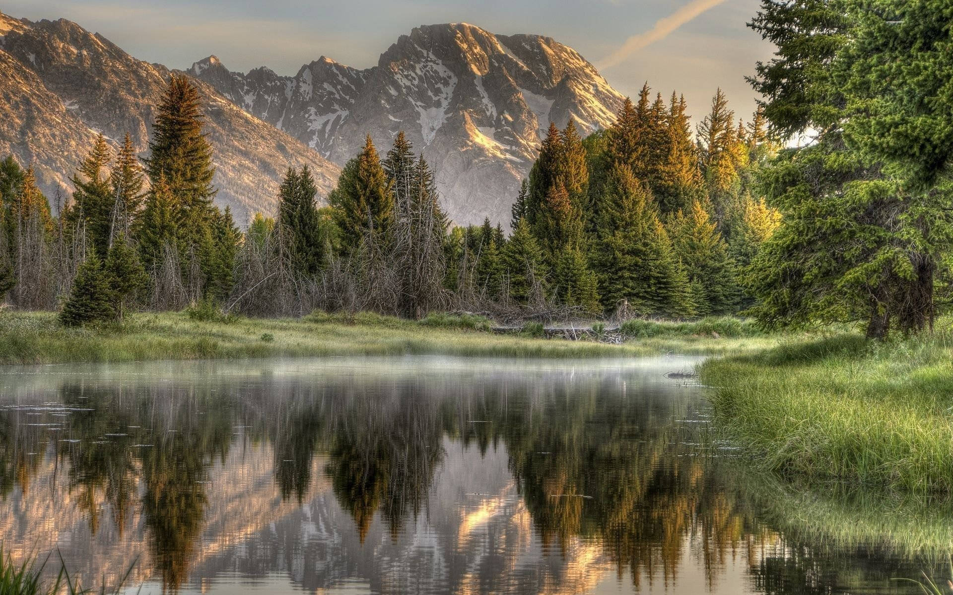 mountain lake, snow-capped peaks, evergreen trees, Full HD Desktop Wallpaper