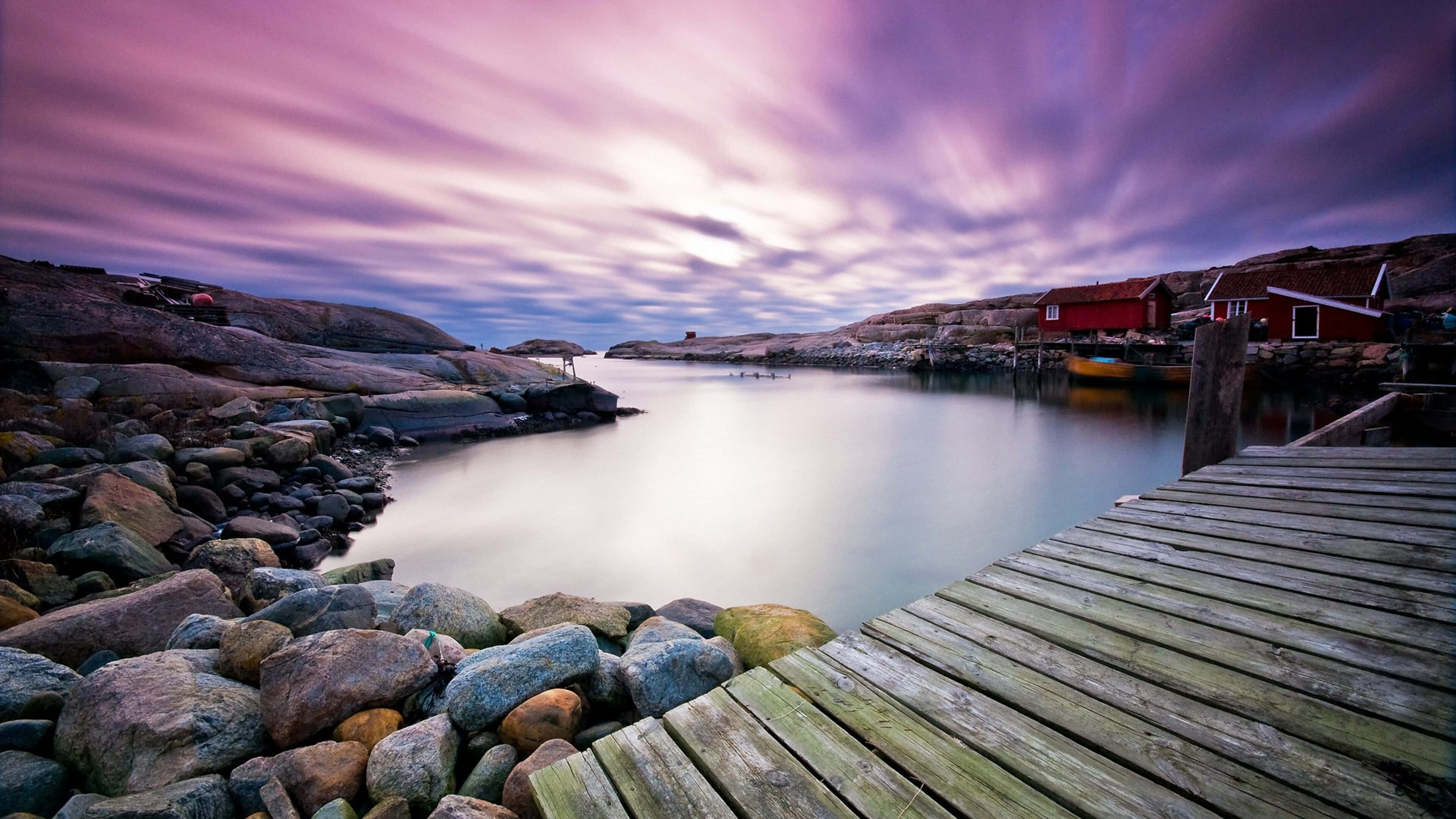 wooden pier, calm water, red cabins, 4K Desktop Wallpaper