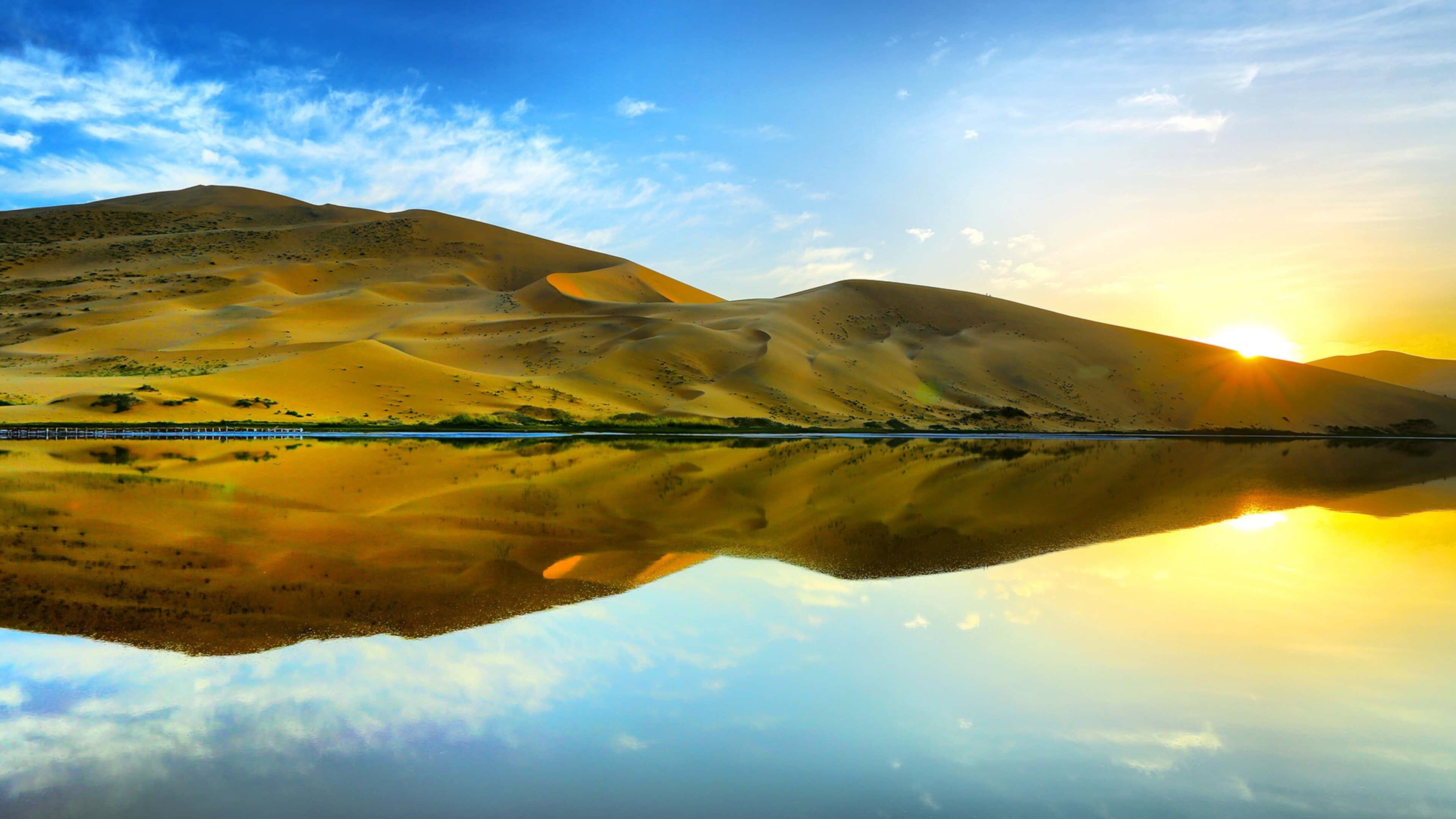 4K River, golden sand dunes, calm water, 4K Desktop Wallpaper