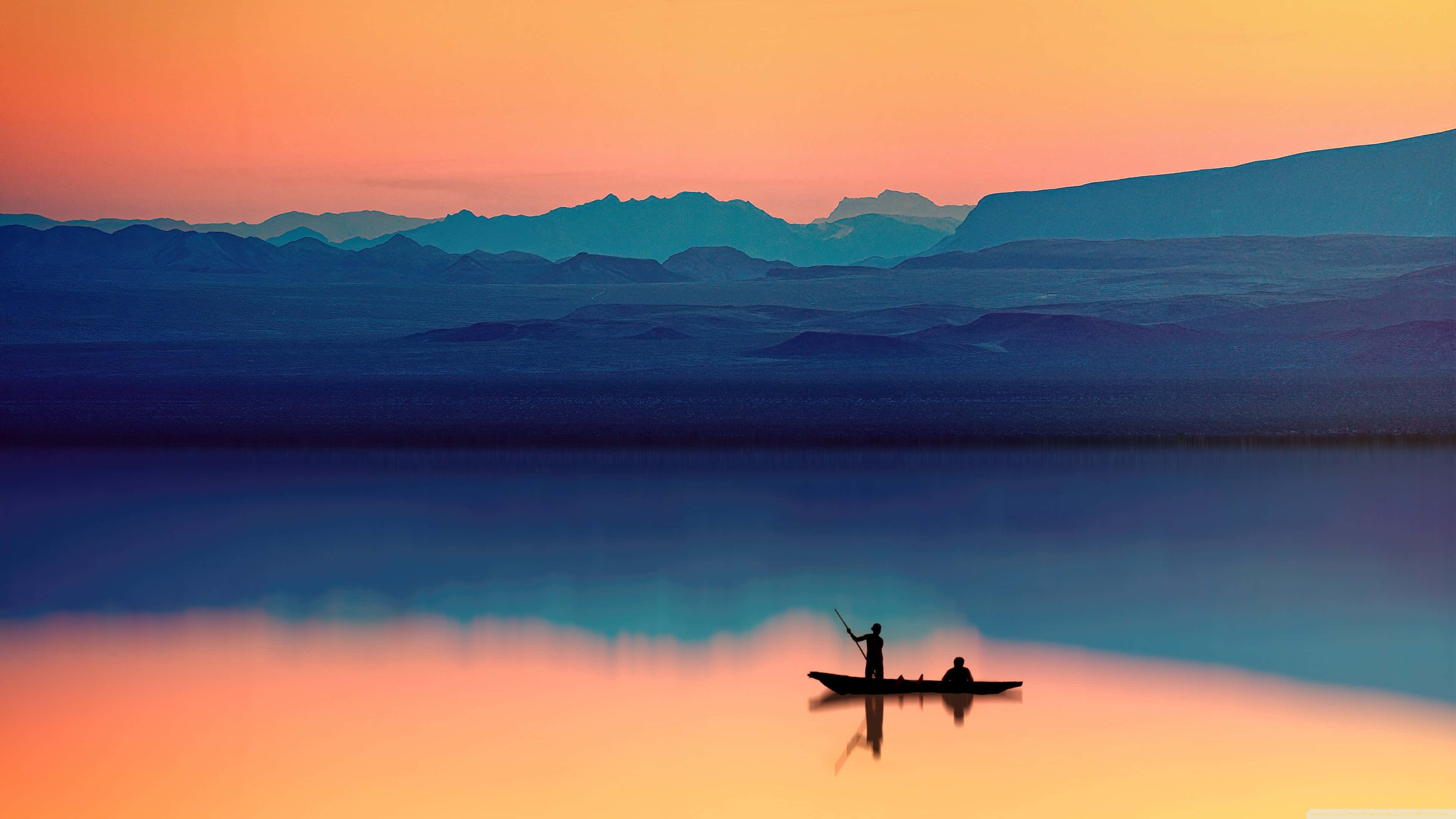 kayak, glassy lake, sunset, 4K Desktop Wallpaper