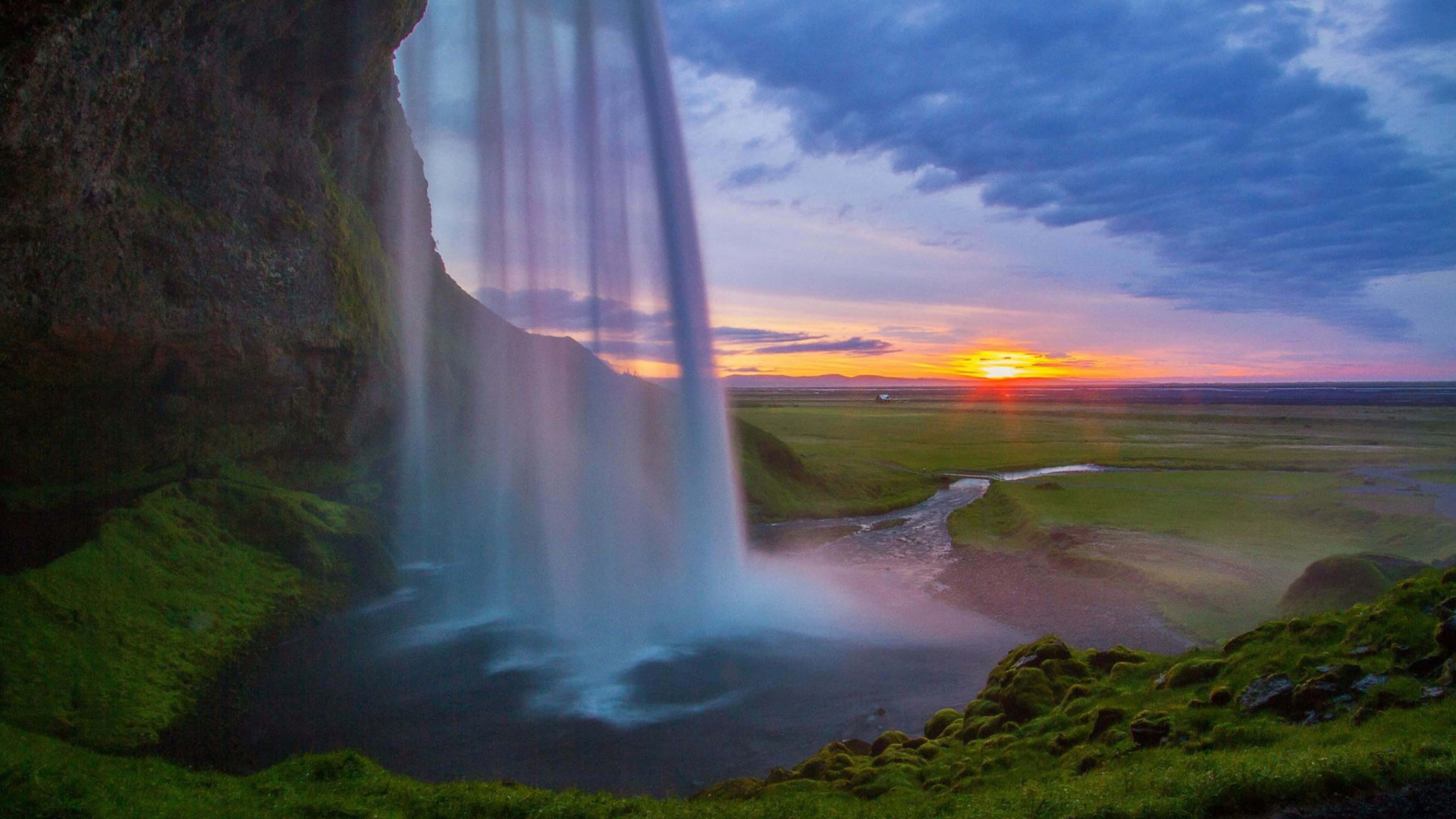4K Waterfall, sunset, vibrant orange and purple skies, 4K Desktop Wallpaper