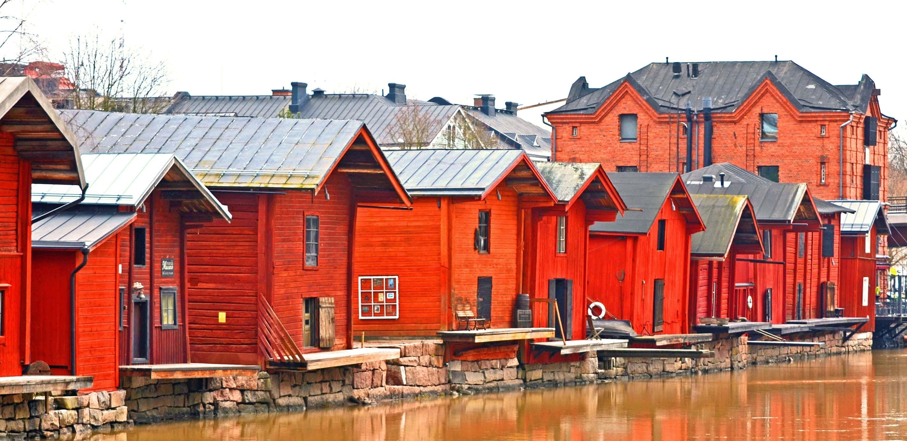 2960x1440, autumn river, vibrant red wooden boathouses, 2K Desktop Wallpaper