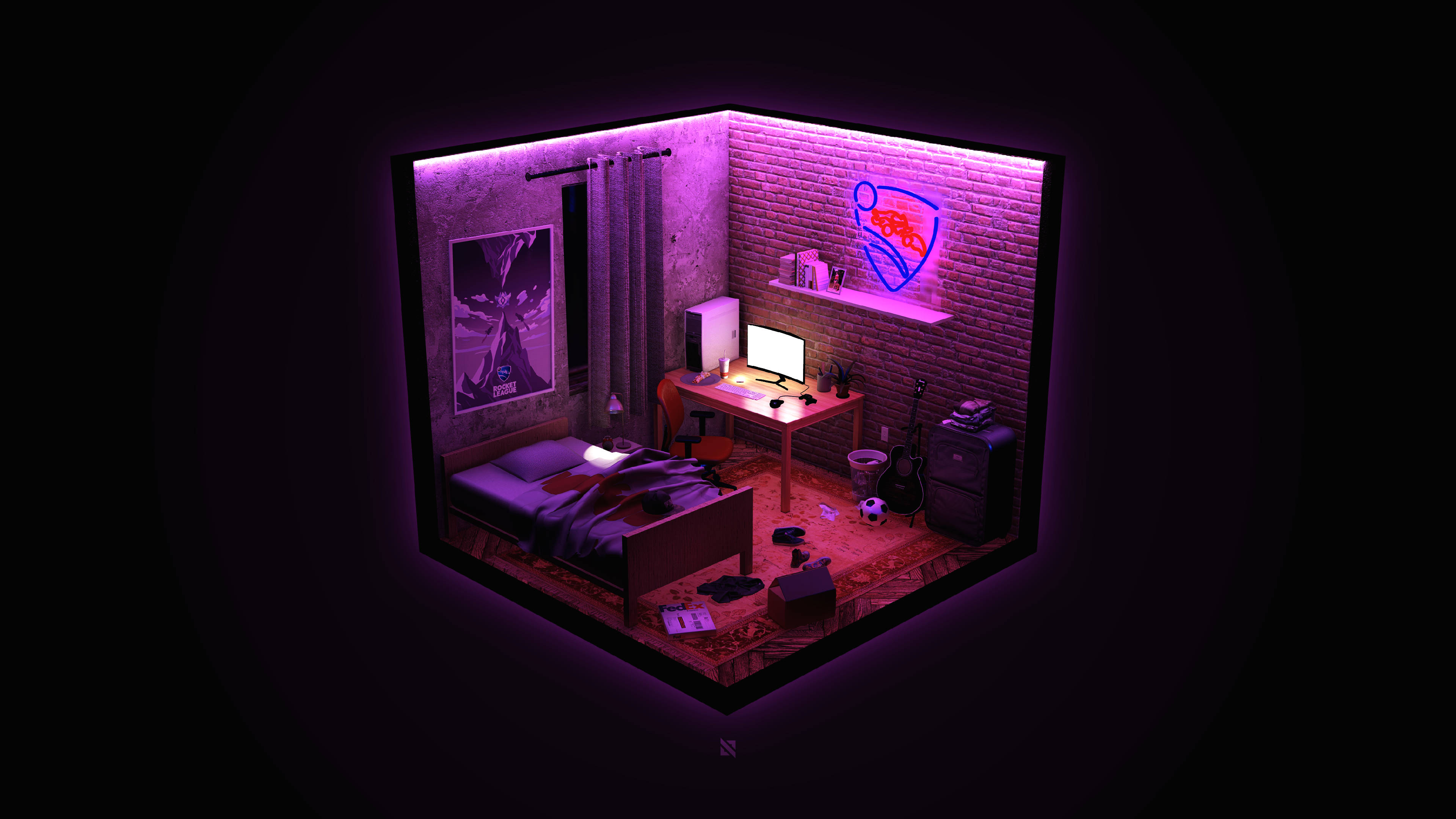 4K Rocket League, isometric room, vibrant purple neon light, 4K Desktop Wallpaper