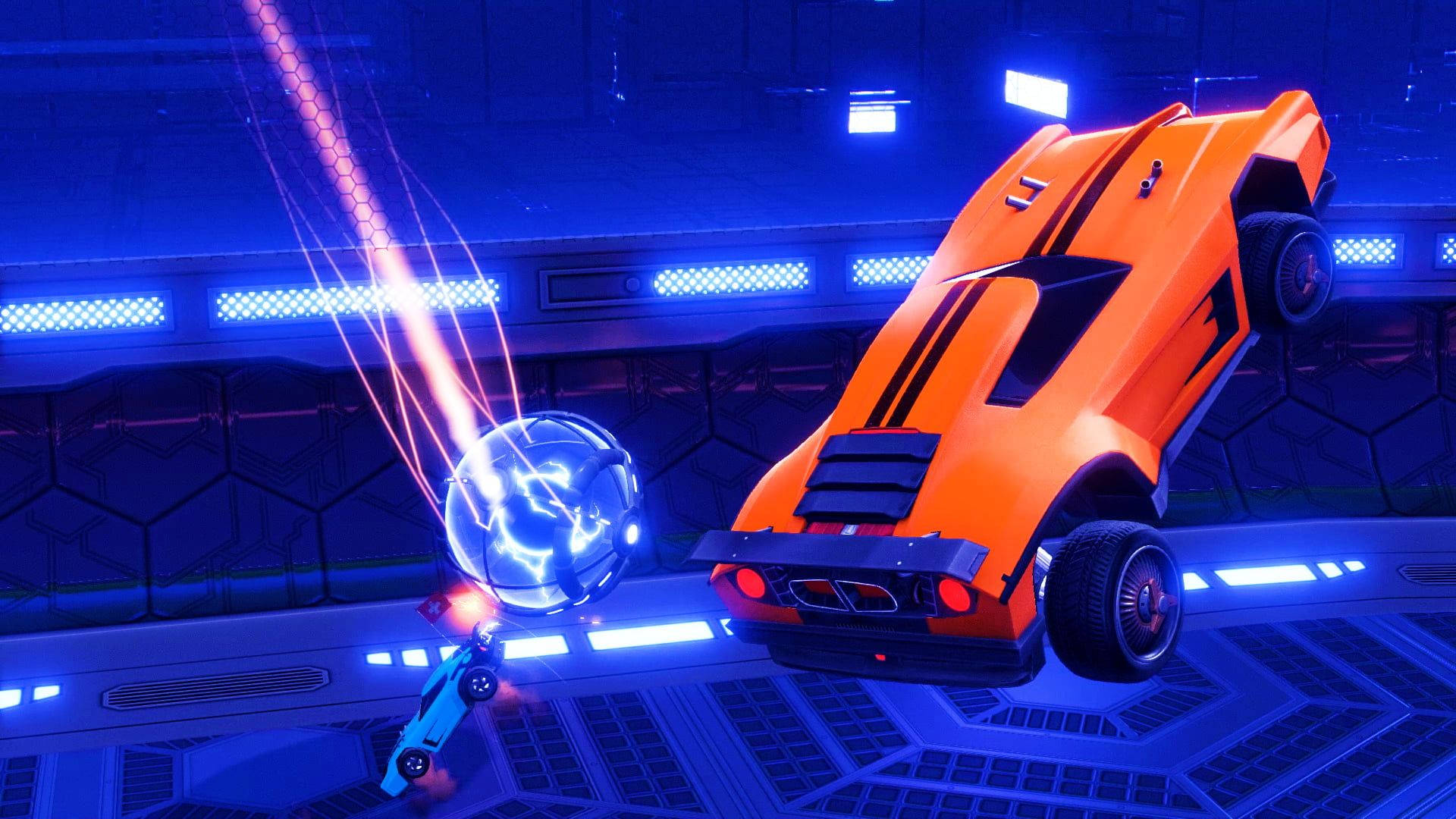 4K Rocket League, orange car, neon-lit sci-fi arena, Full HD Desktop Wallpaper