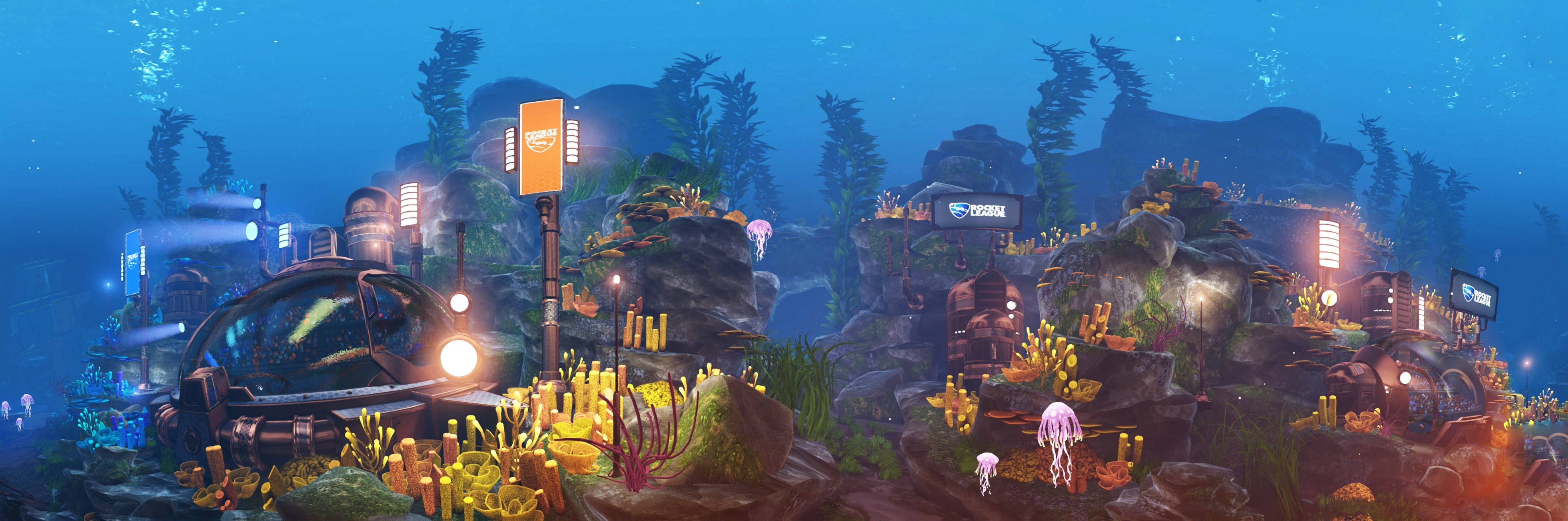 4K Rocket League, underwater world, glowing underwater city, 4K Desktop Wallpaper
