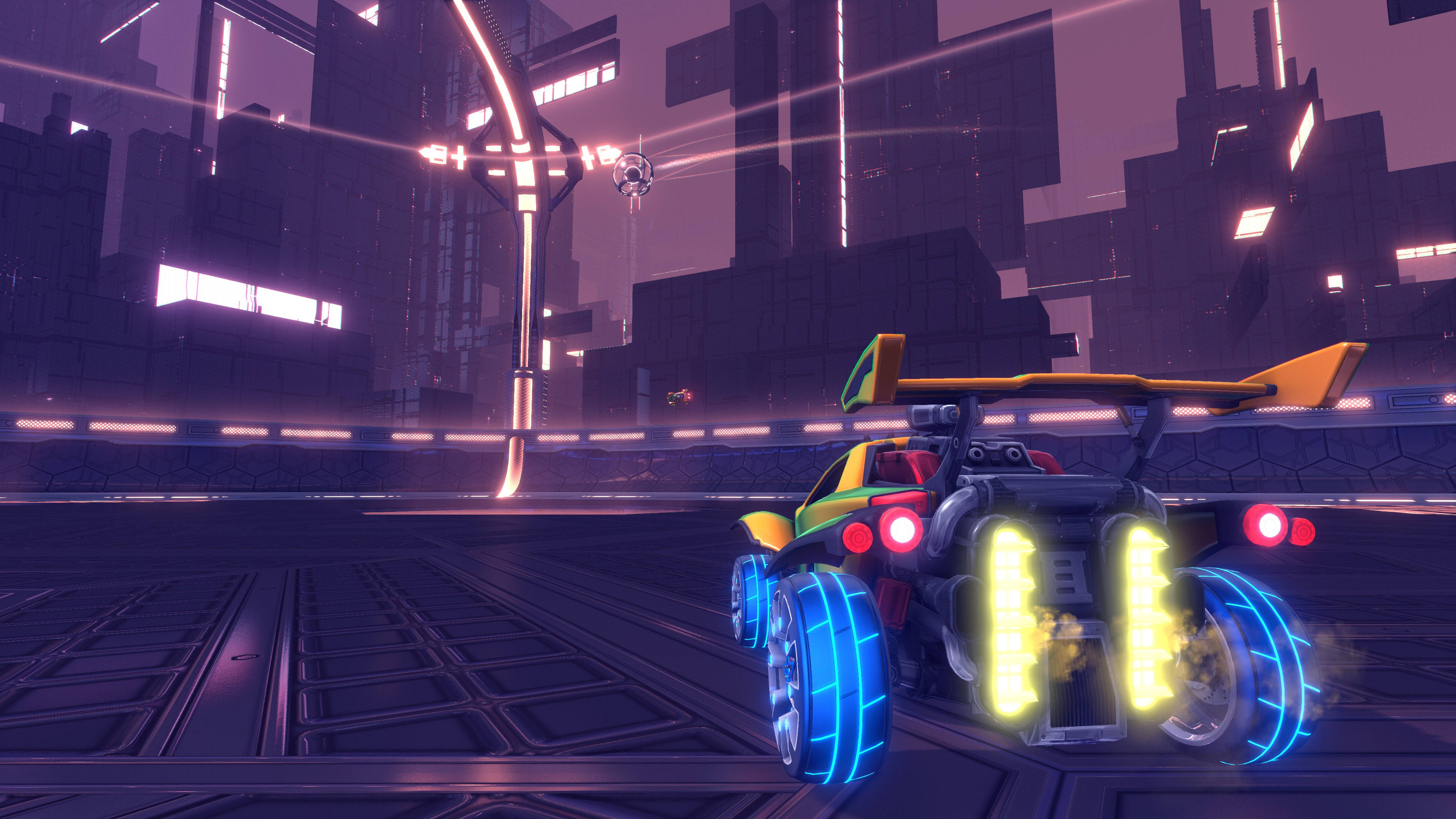 4K Rocket League, neon-lit futuristic racing car, glowing blue wheels, 4K Desktop Wallpaper