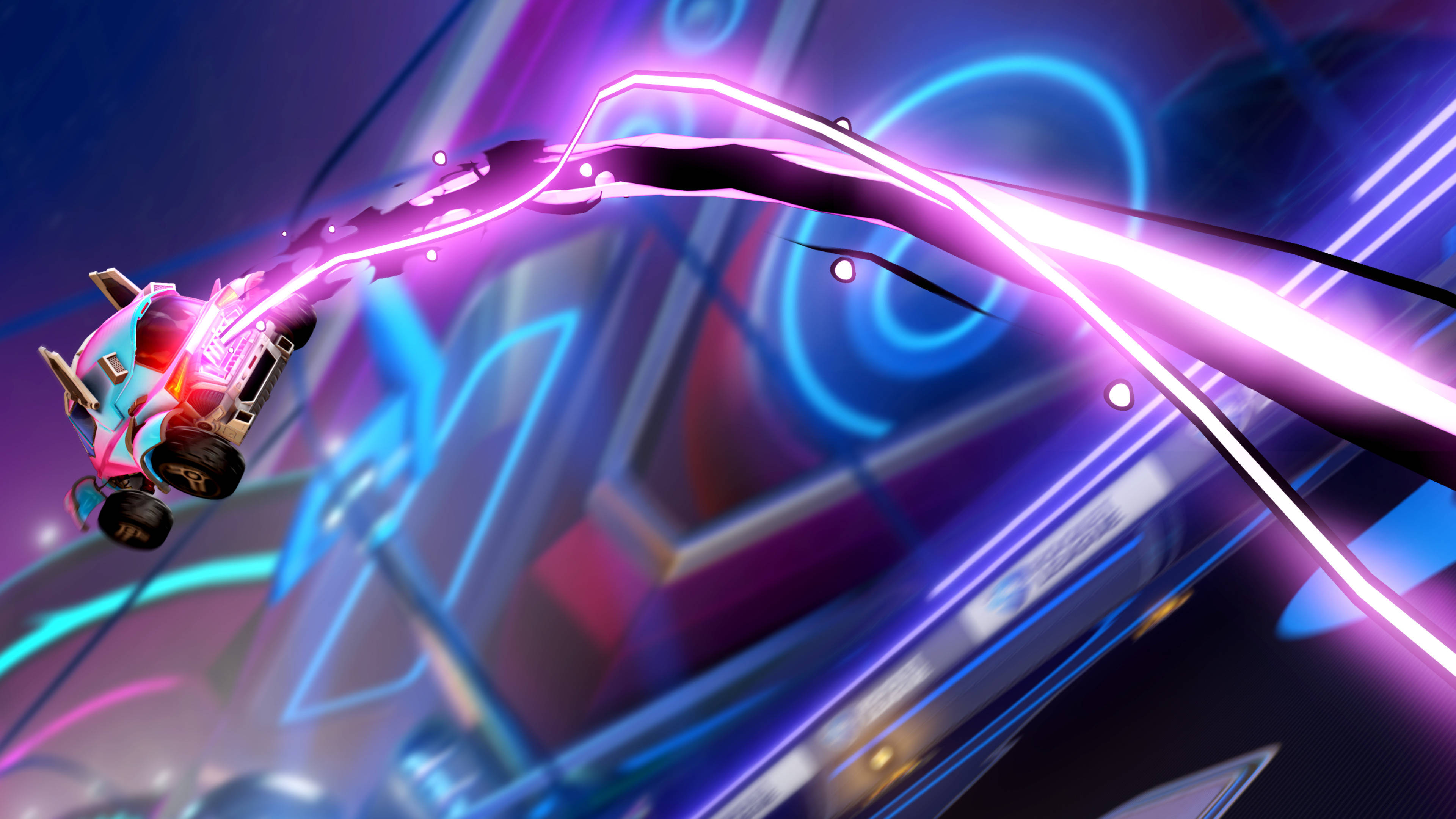 4K Rocket League, neon-lit digital tunnels, glowing purple and blue energy trails, 4K Desktop Wallpaper