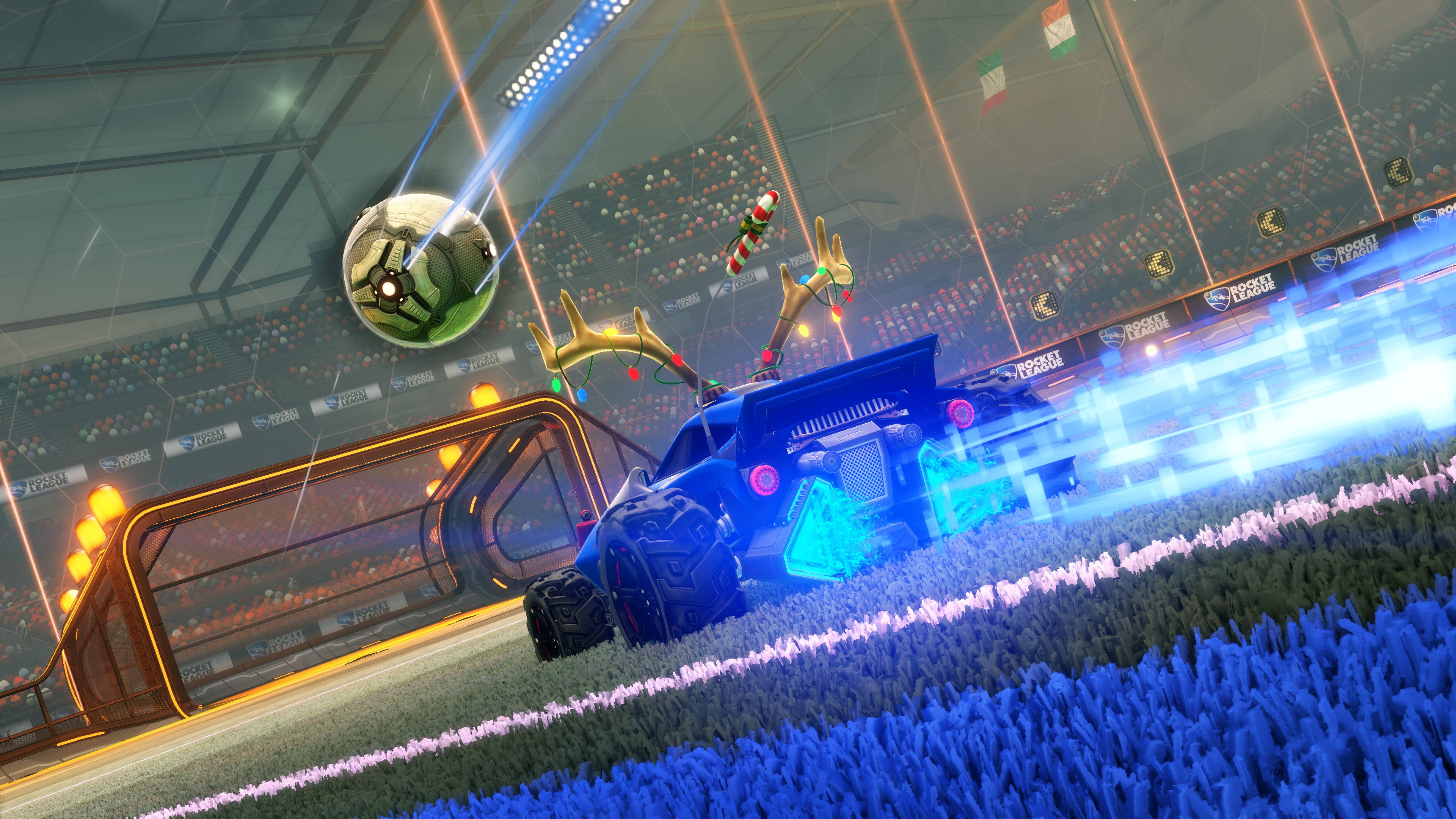 4K Rocket League, blue team, reindeer antlers, 4K Desktop Wallpaper