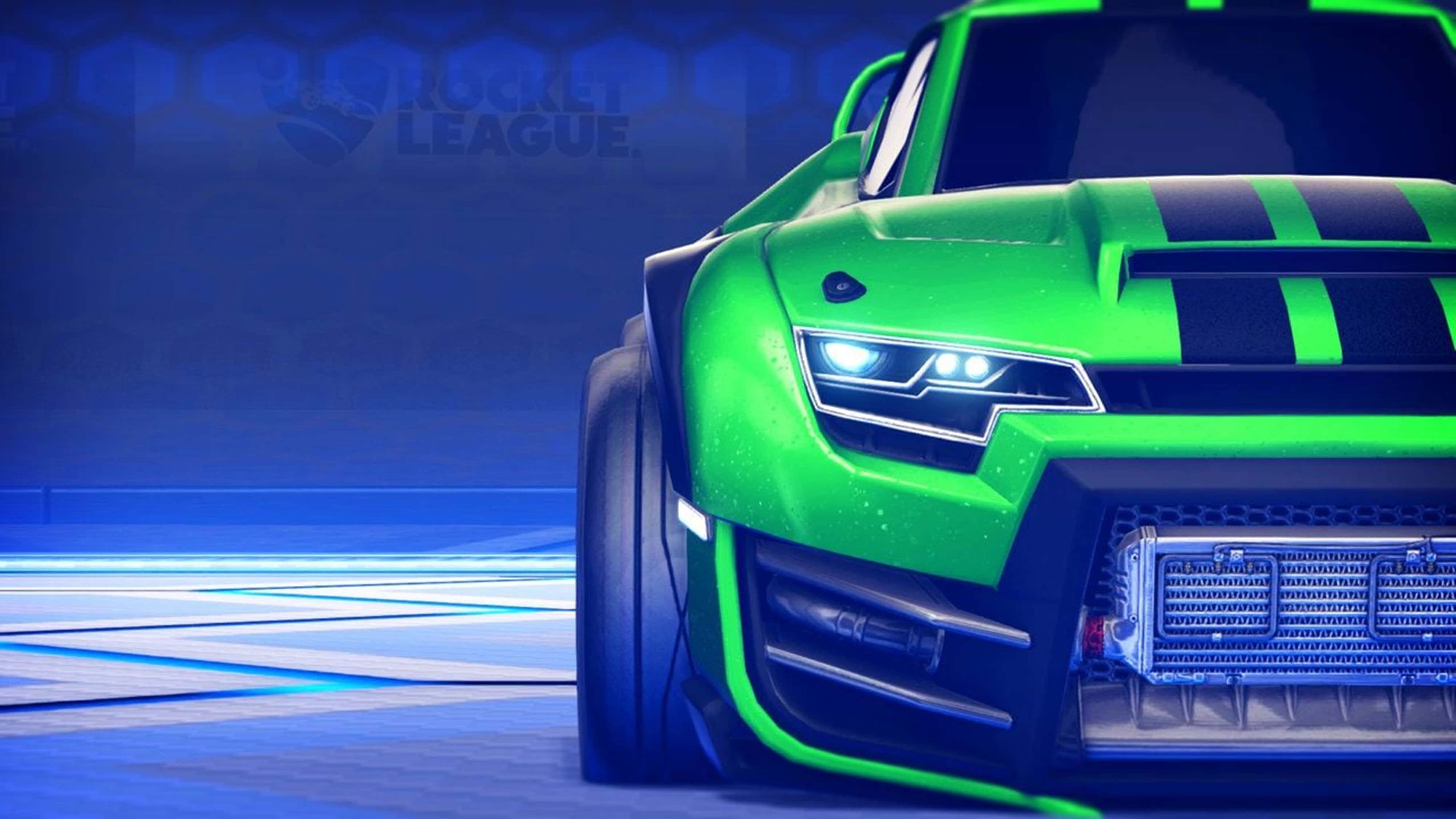 Rocket League, green muscle car, black stripes, 4K Desktop Wallpaper